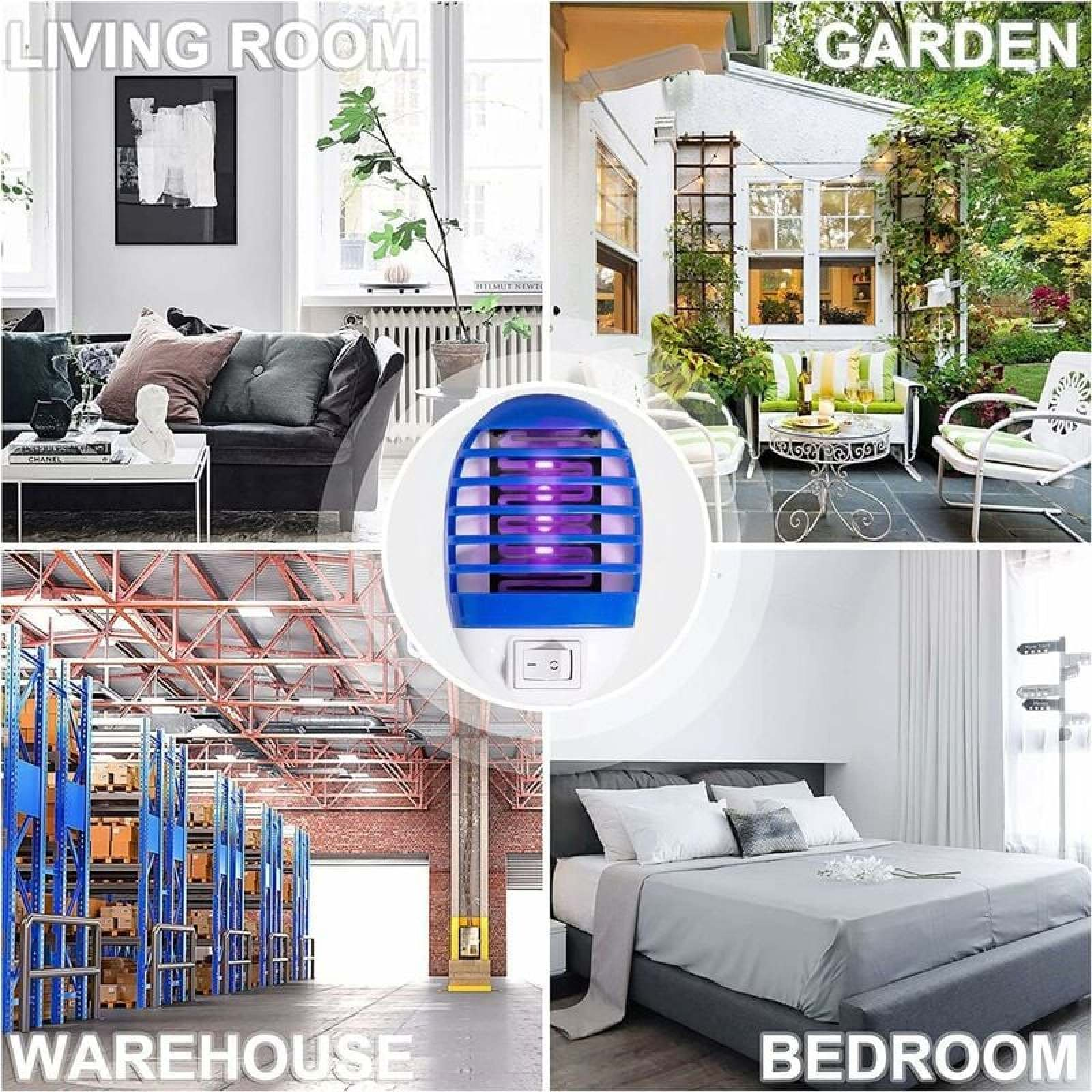 Collage zeigt Wohnzimmer, Garten, Lager und Schlafzimmer mit einem blauen Insektenvernichter.