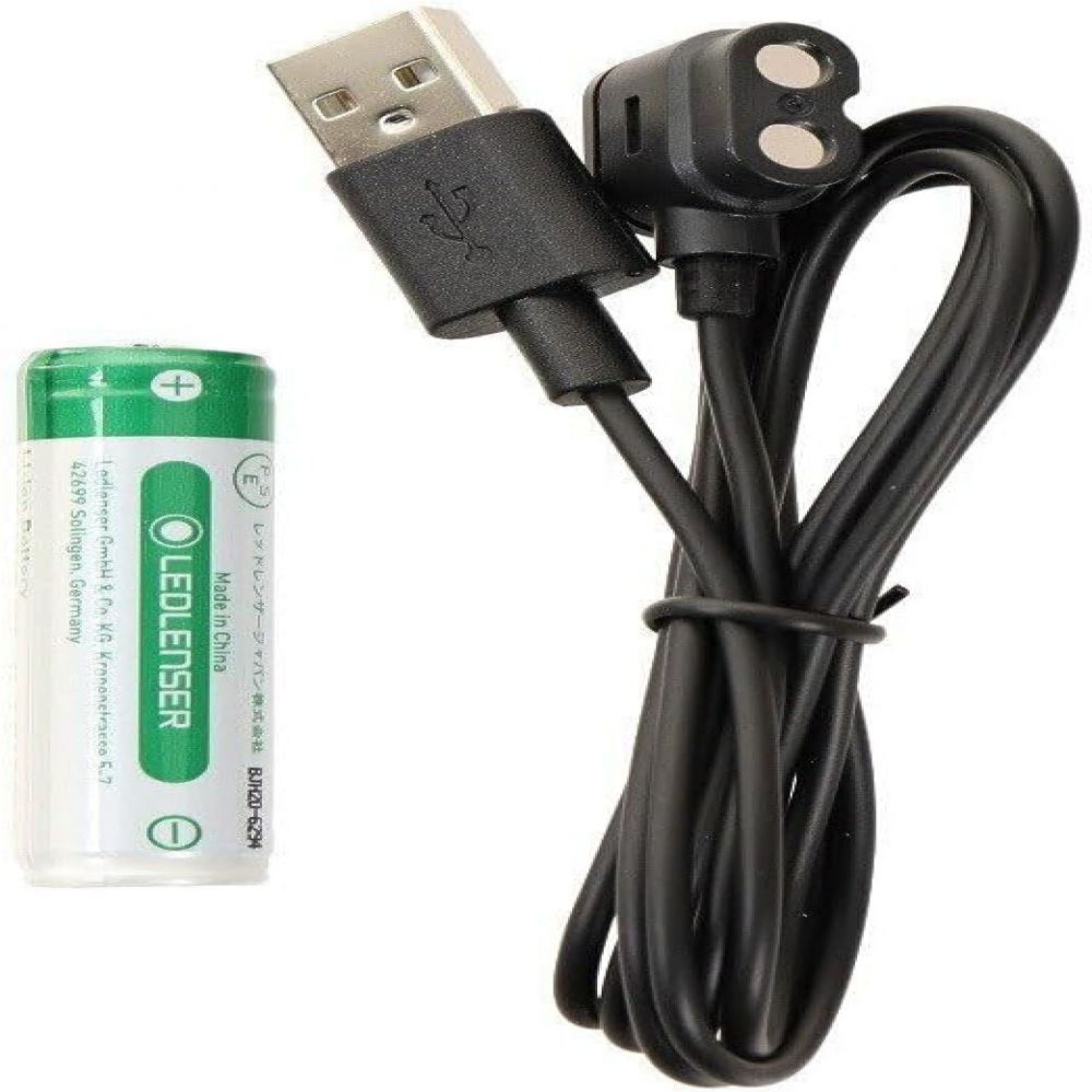 Grüne LEDLENSER Batterie mit USB-Ladekabel und Stecker.