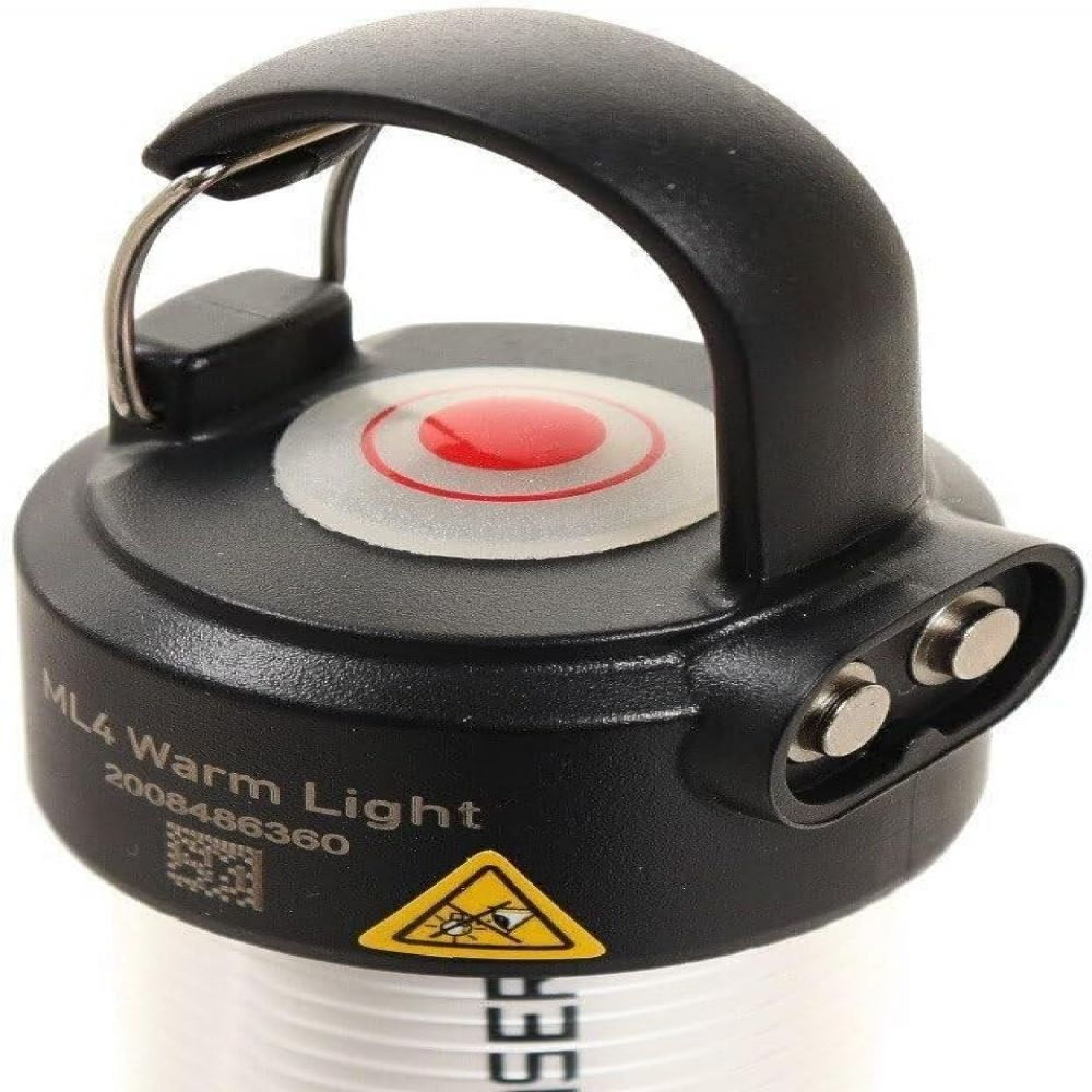 Schwarze Lampe mit rotem Knopf, Griff und Warnsymbol.