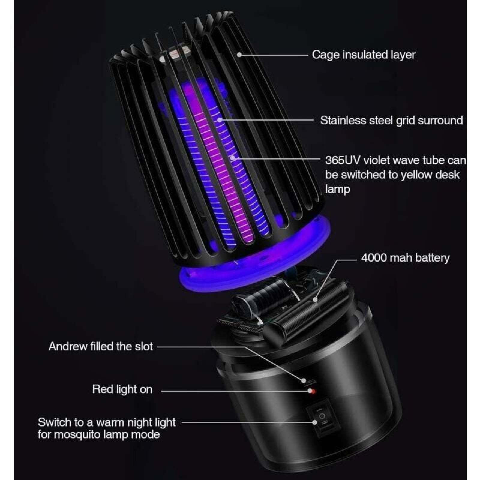Eine zerlegte schwarze Mückenlampe mit einer violetten UV-Lichtröhre, die interne Komponenten und Beschriftungen zeigt.