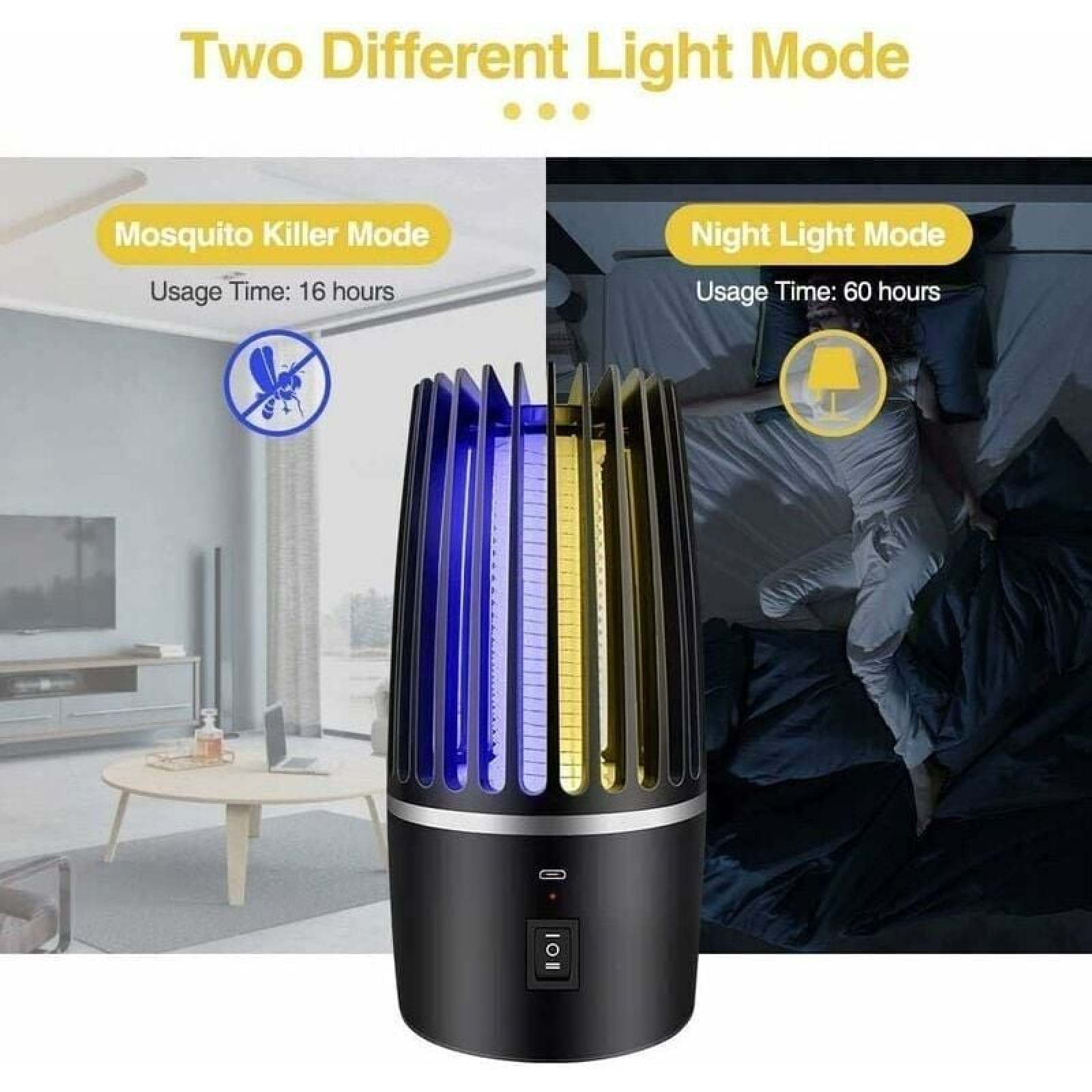 Ein schwarzes Gerät mit blauen und gelben Lichtmodi. Eine Seite zeigt ein Wohnzimmer, die andere eine schlafende Person.