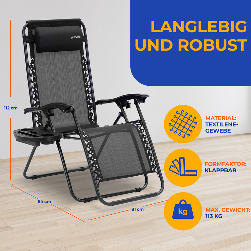 Schwarzer Liegestuhl aus Textilene-Gewebe mit Maßen und maximal 113 kg Gewicht.