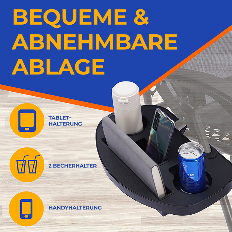 Ein schwarzes Tablett für Kinderwagen mit Handy, Dose, Becherhalter und Tablet-Halterung.