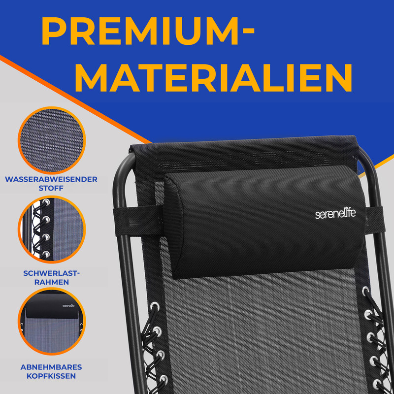 Nahaufnahme eines schwarzen Liegestuhls mit Kopfstütze, der Stoff-, Rahmen- und Kissendetails zeigt. Text: „PREMIUM-MATERIALIEN“