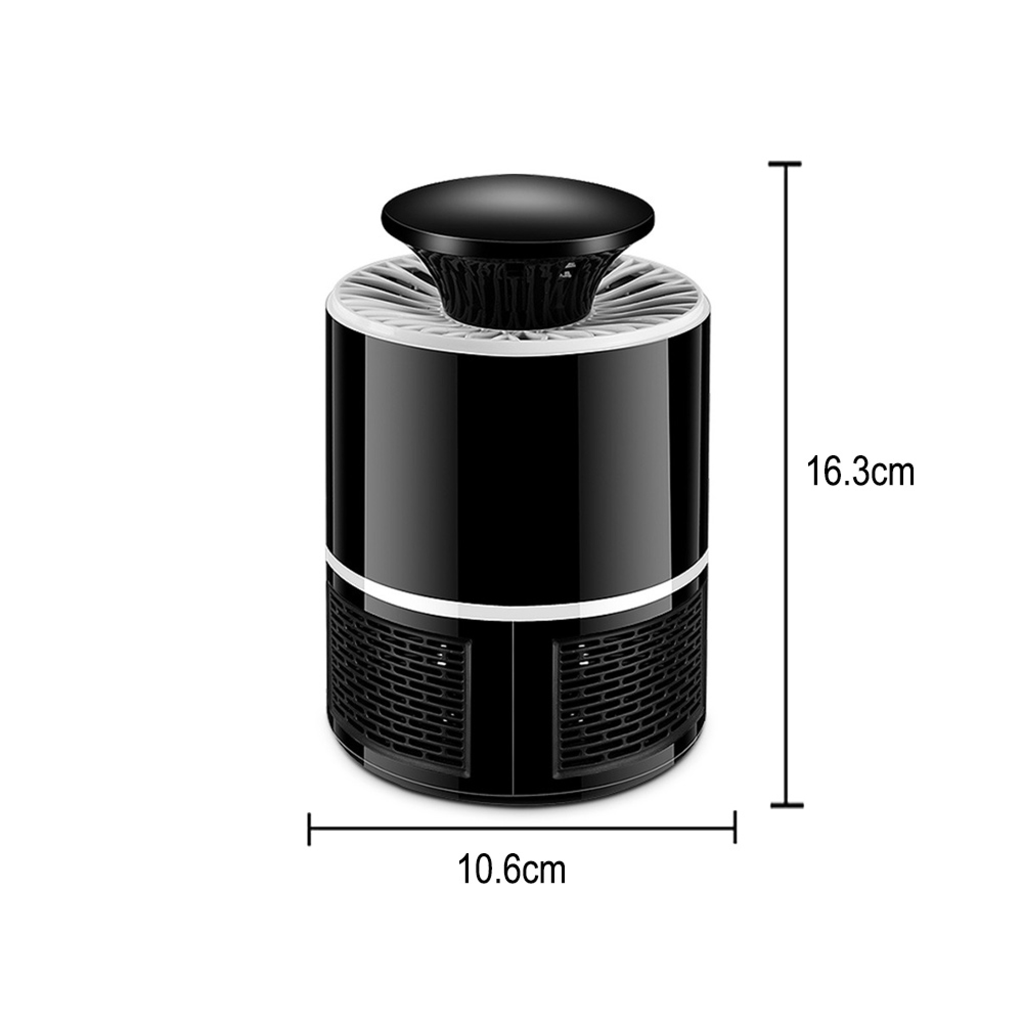 Ein schwarzer zylindrischer Mückenstecker mit weiß belüfteter Ober- und Unterseite, mit Maßlinien, die 16,3 cm Höhe und 10,6 cm Breite anzeigen.