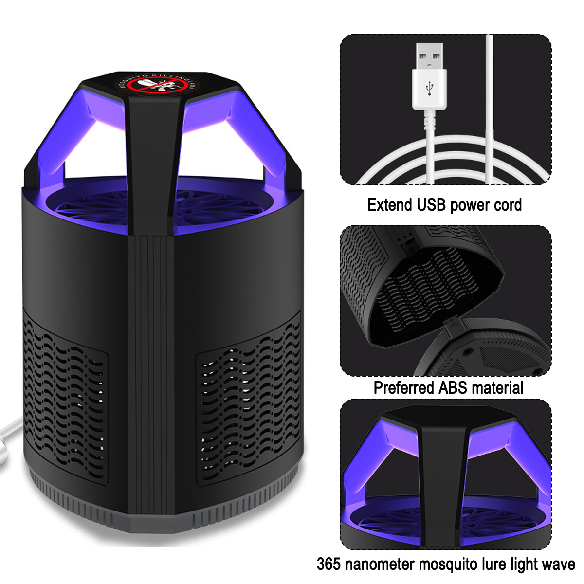 Schwarzer Mückenfanggerät mit violetter UV-Beleuchtung, USB-Kabel und ABS-Materialdetails.