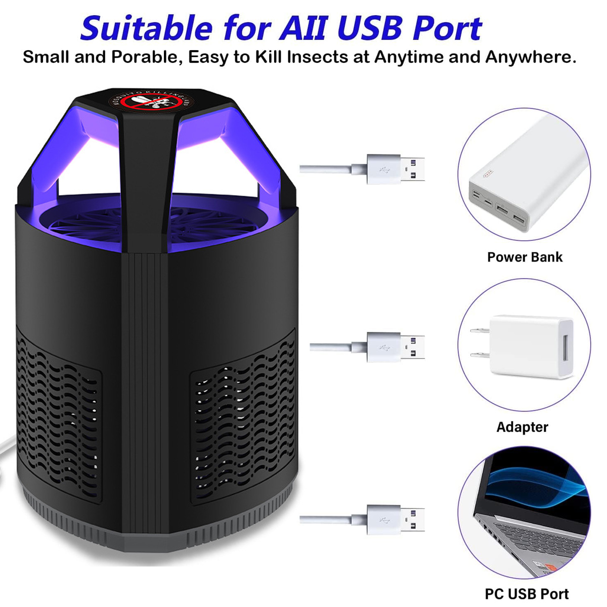 Schwarzer Insektenvernichter mit Blaulicht, Anschluss über USB an Powerbank, Adapter oder PC.