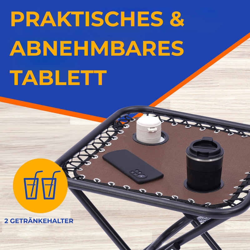 Abnehmbares Tablett mit Handy, Tasse und Behälter. Zwei Getränkehalter.