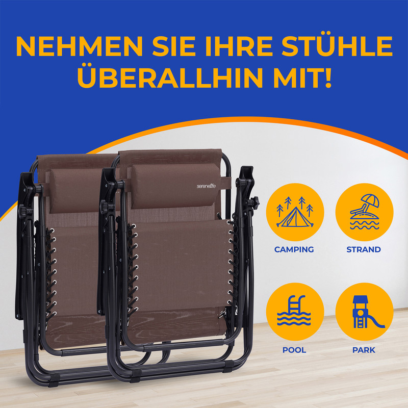 Zwei braune Liegestühle stehen nebeneinander, neben Symbolen für Camping, Strand, Pool und Park.