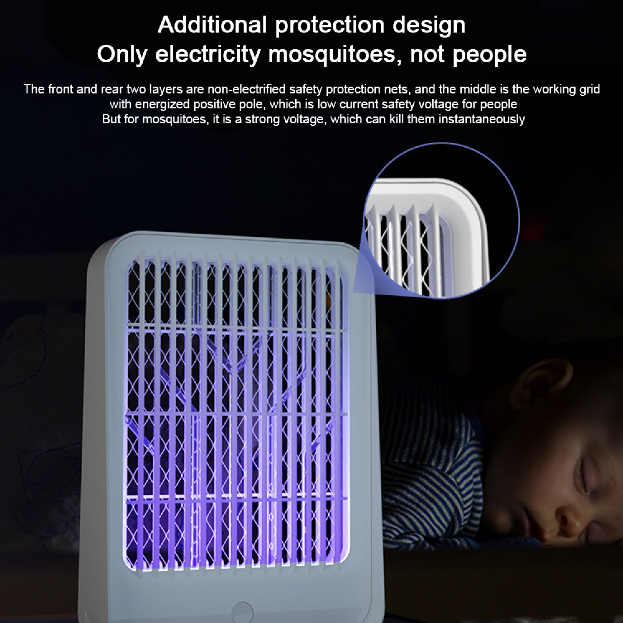 Eine weiße elektrische Mückenfanglampe mit violettem Licht neben einem schlafenden Baby.