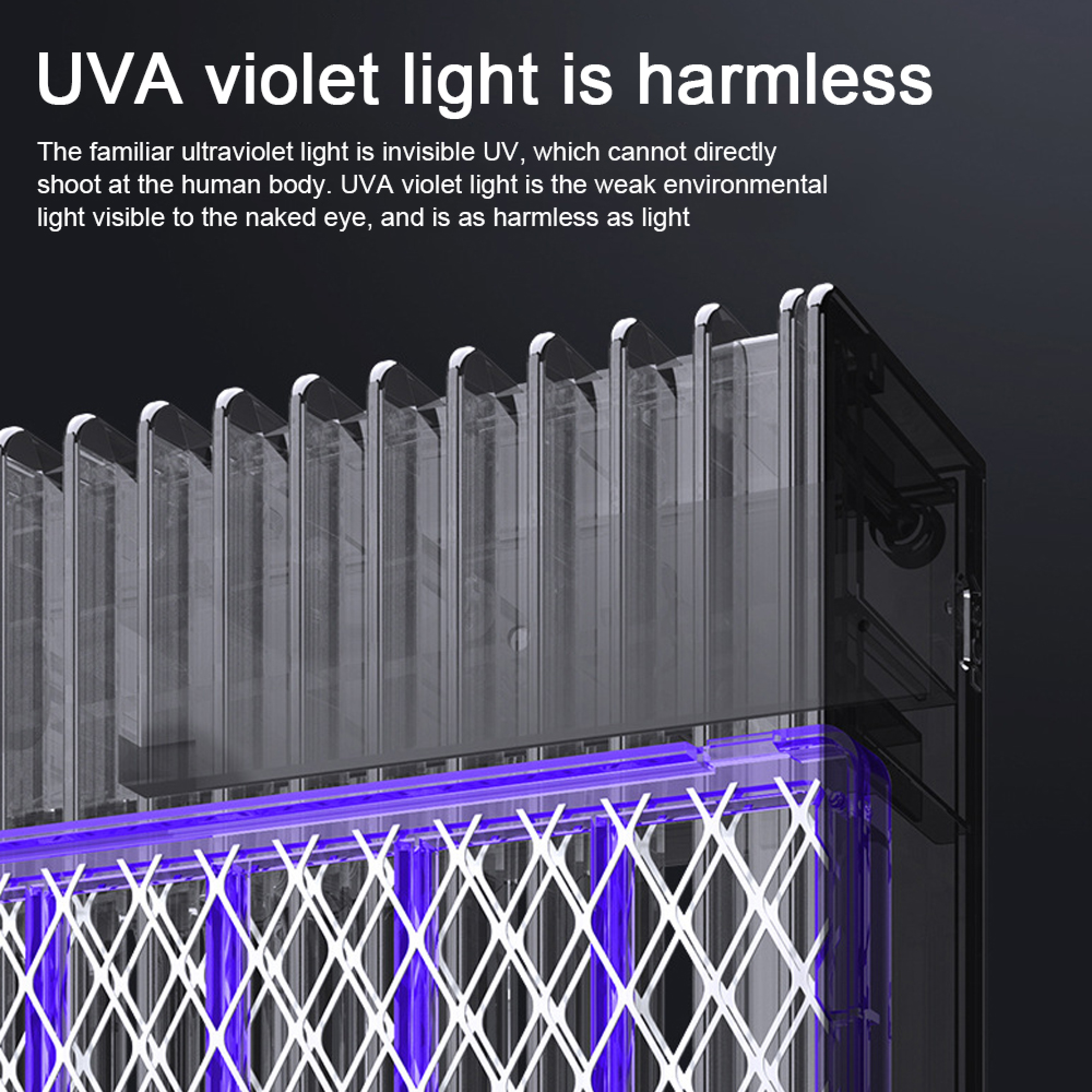 Eine Nahaufnahme eines Geräts mit violettem Licht und einem weißen Gitter, mit Text über UVA-Licht darüber.