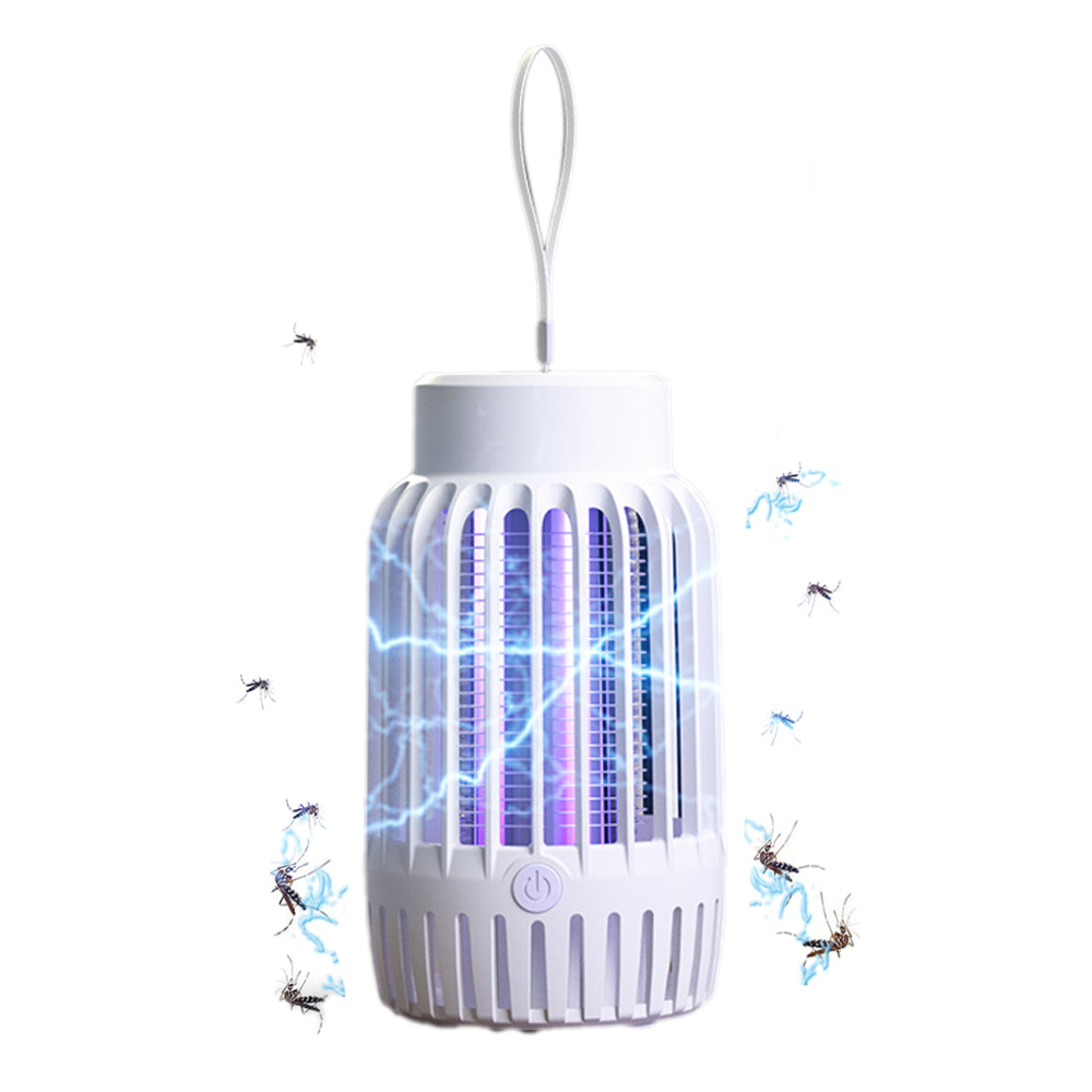 Weiße Mückenlampe mit blauem Licht und blitzenden Blitzen, um Moskitos anzuziehen.