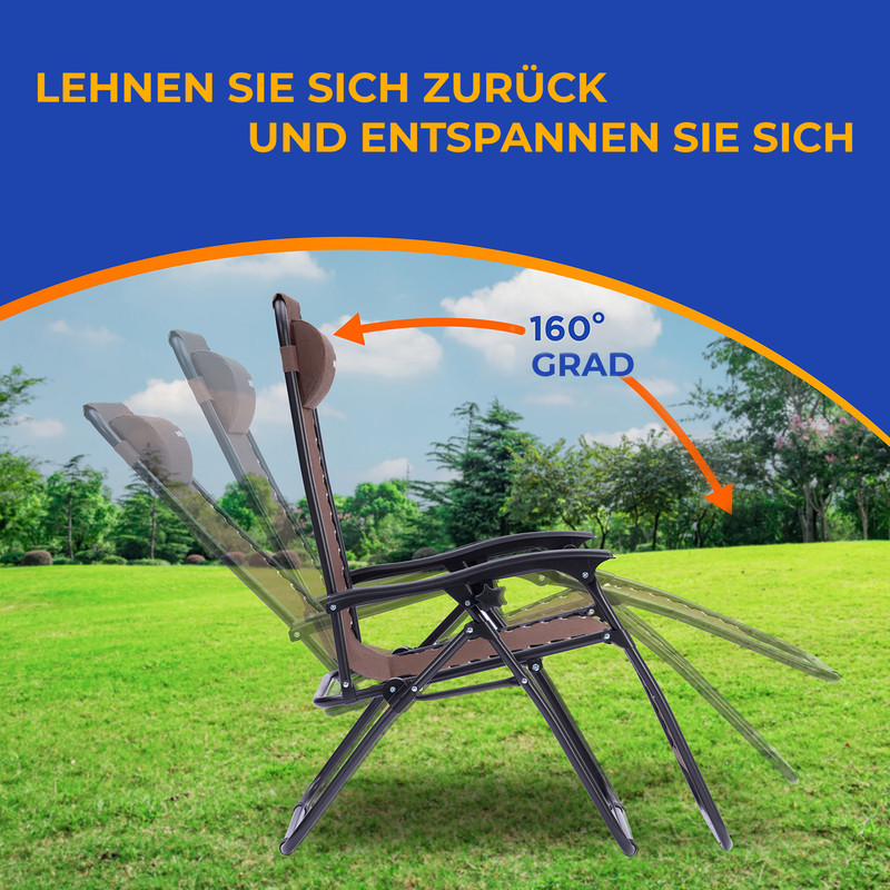 Brauner Liegestuhl im Freien, verstellbar auf 160 Grad.