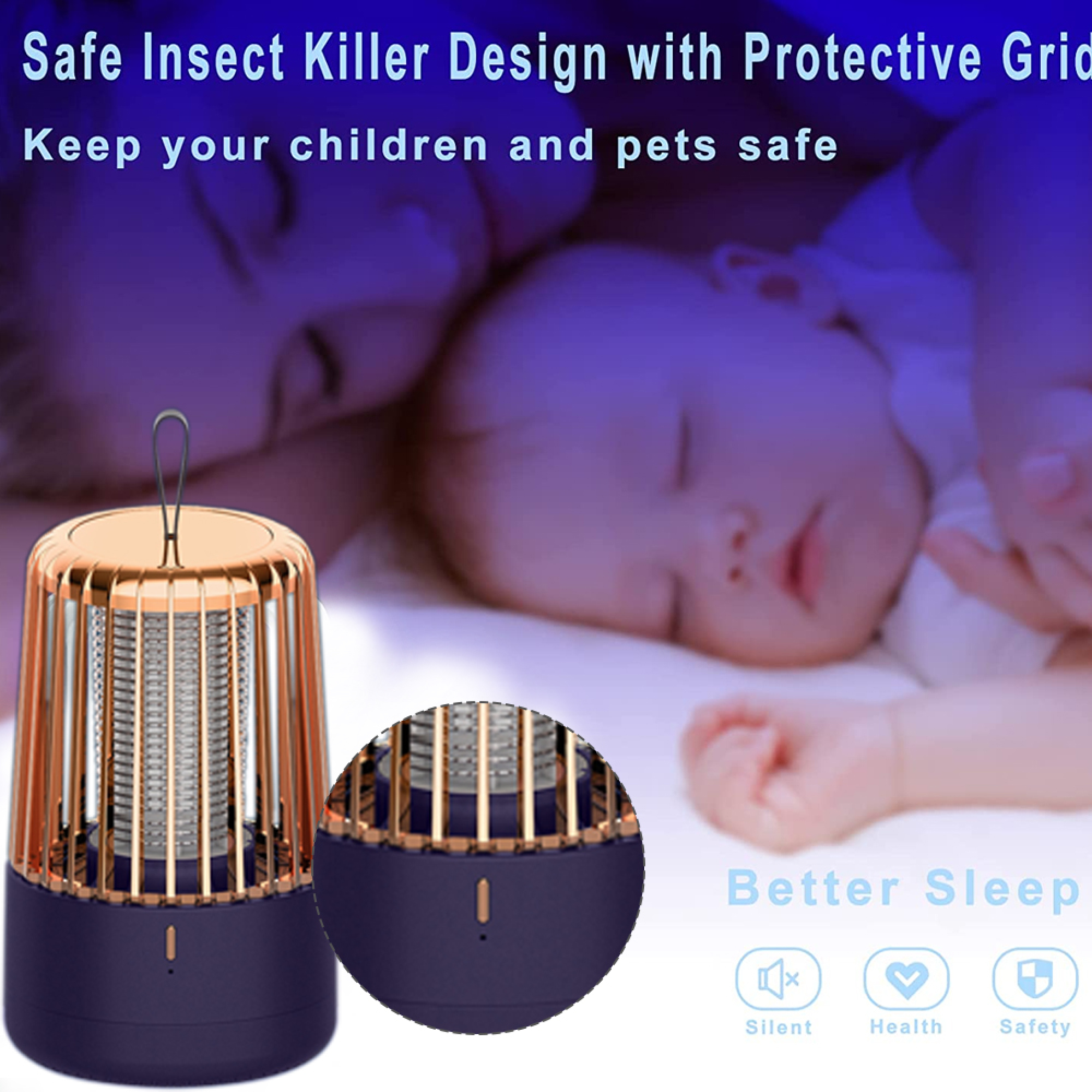 Ein dunkler Insektenvernichter mit Kupferschutzgitter neben einem schlafenden Baby.