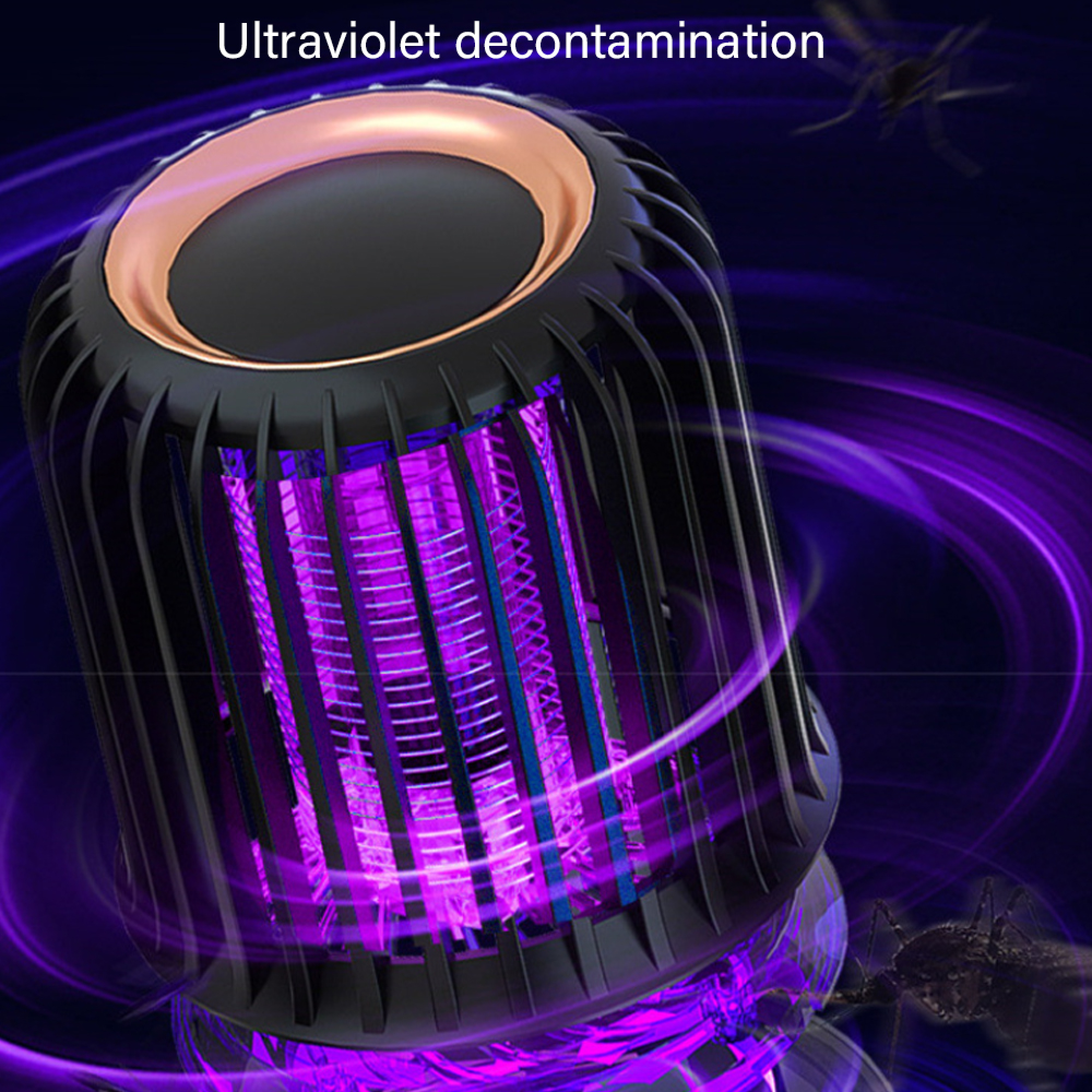 Ein UV-Insektenvernichter mit lila Licht und stilisierten Mücken.