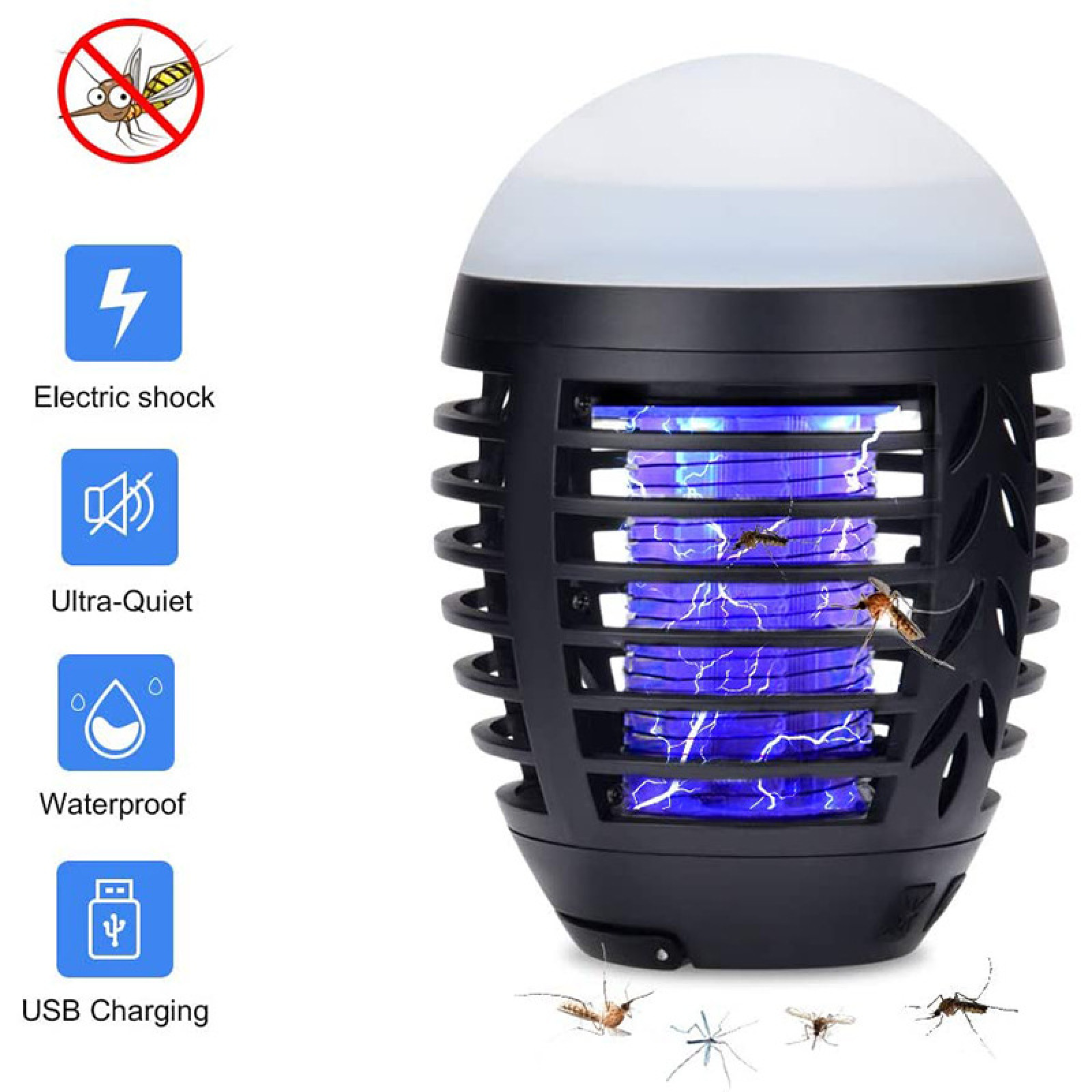 Elektrische Insektenfalle mit blauem Licht, Symbolen für Stromschlag, Stummschaltung, Wasserdichtigkeit und USB-Laden.
