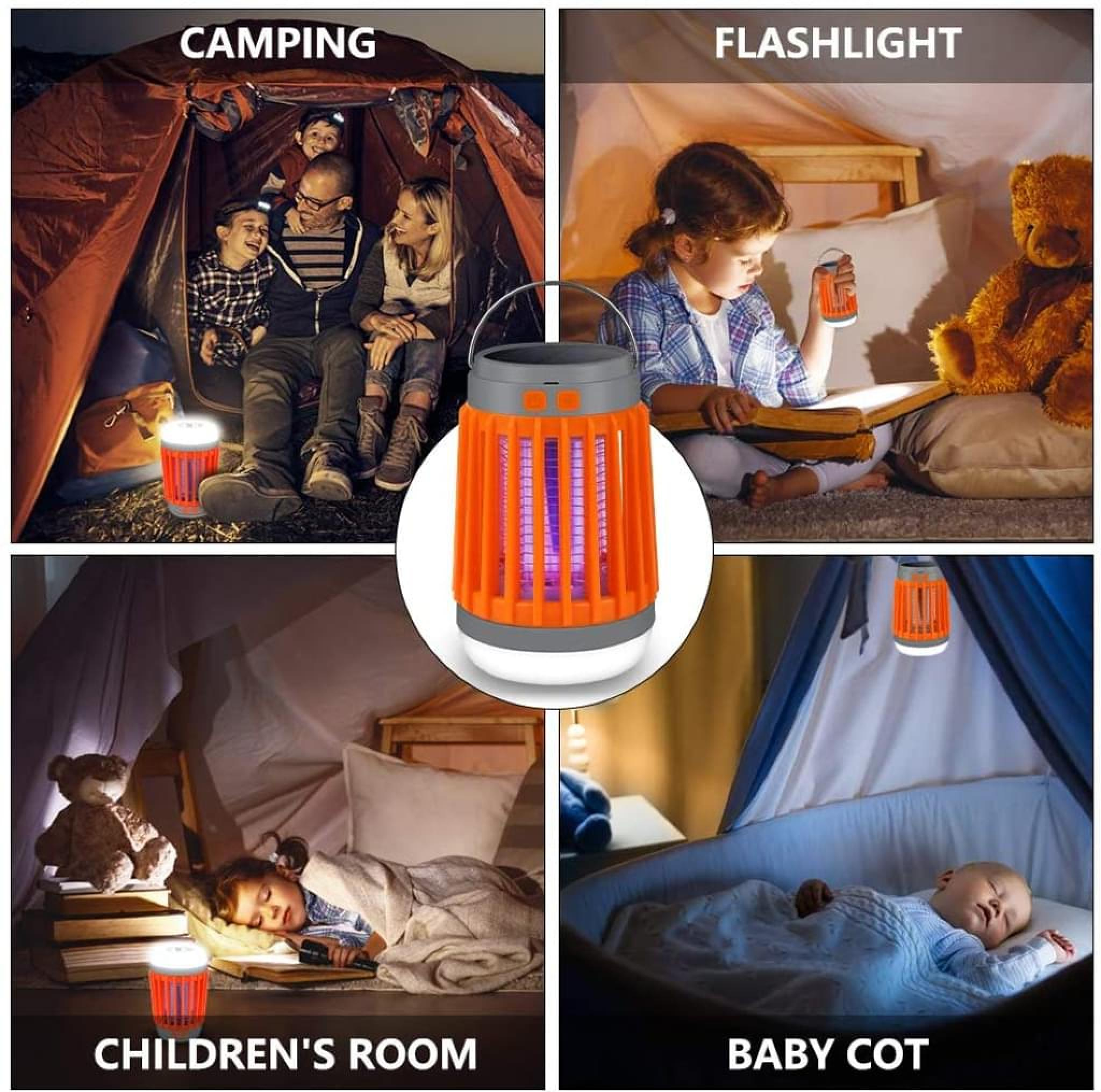 Ein viergeteilte Bild, das eine orange-graue Laterne in verschiedenen Umgebungen zeigt: beim Camping, als Taschenlampe, im Kinderzimmer und bei einem Baby im Kinderbett.