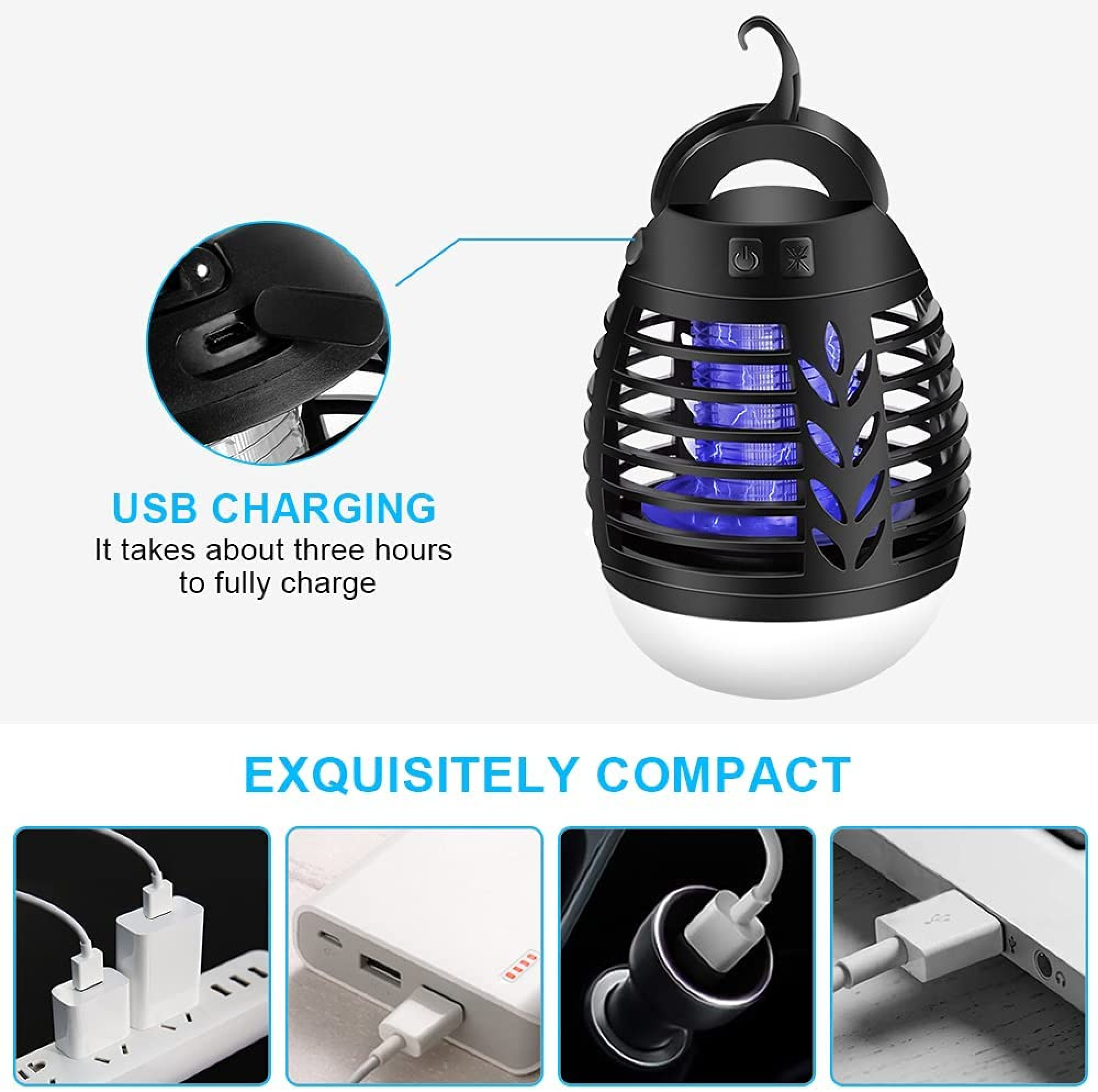 Ein schwarzer Insektenvernichter mit blauem Licht, einem USB-Ladeanschluss und Beispielen verschiedener Lademethoden unten.