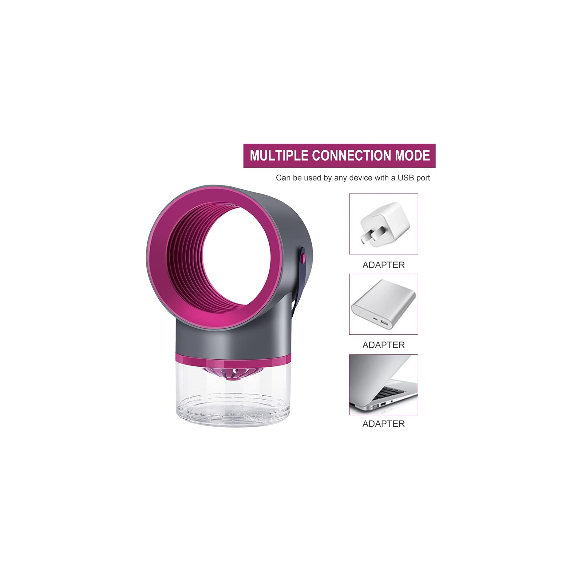 Eine pink-graue Mückenfalle auf weißem Hintergrund, mit Text zur USB-Konnektivität und Adapterbeispielen.