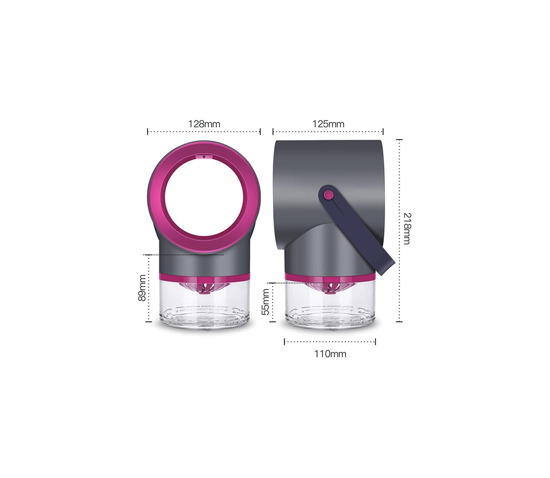 Zwei Ansichten eines grauen und pinken blattlosen Ventilators mit klarer Basis, mit Maßen: Vorderseite (128mm breit) und Seite (218mm hoch).