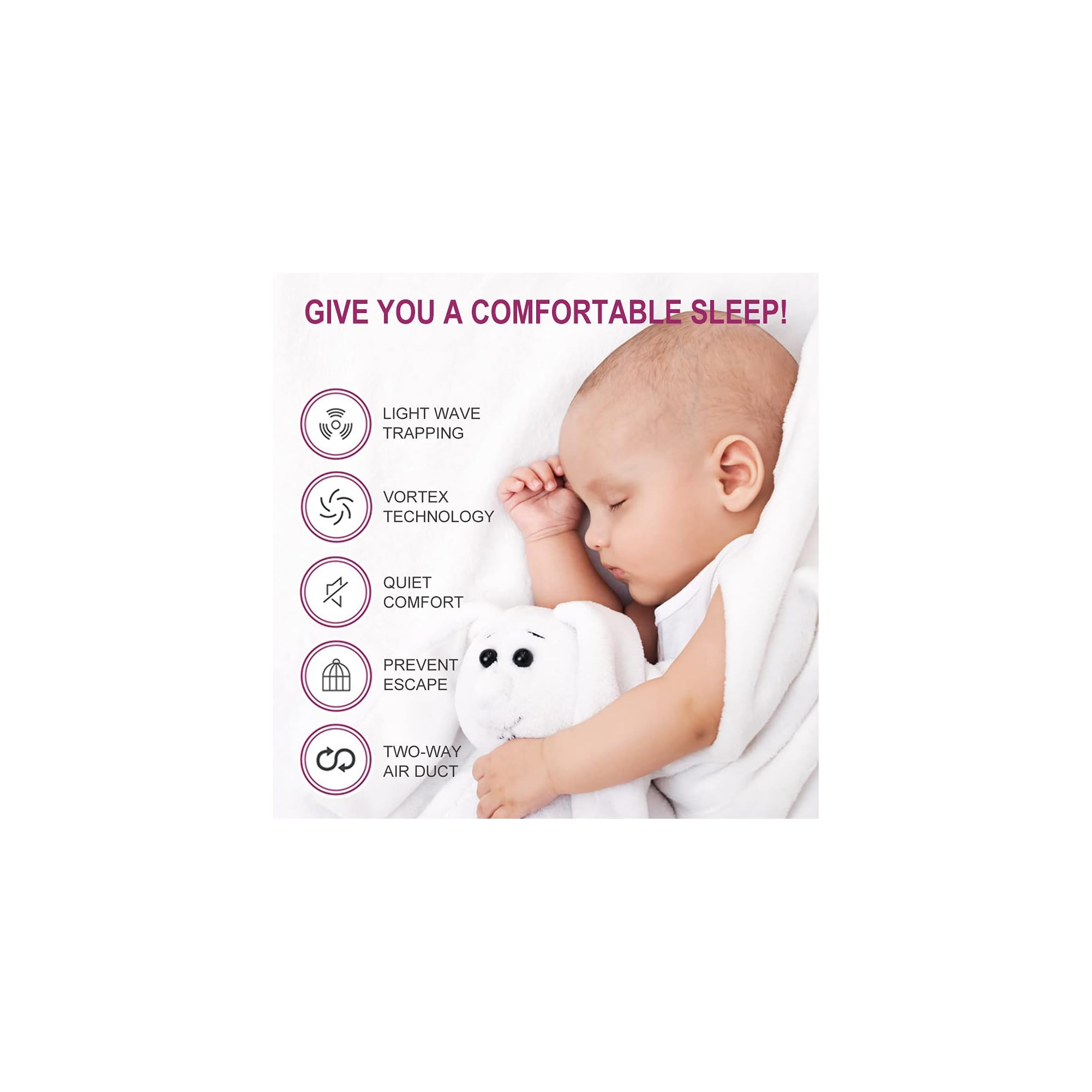 Ein Baby schläft friedlich mit einem Stofftier. Links sind Icons für Funktionen.