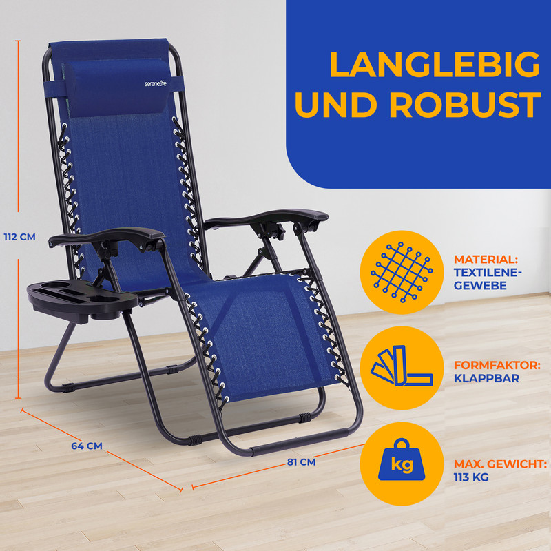 Ein blauer Schwerelosigkeits-Liegestuhl mit Maßen, Material- und Gewichtskapazitätsangaben auf hellem Hintergrund.