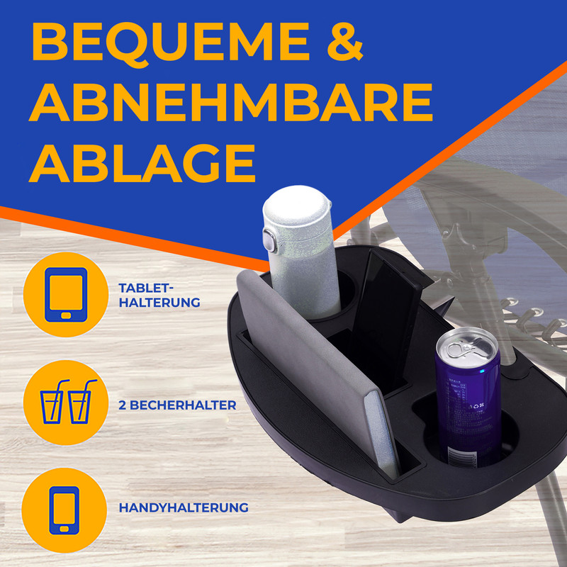 Ein schwarzes Tablett mit Flasche, Tablet und Getränkedose, mit deutschem Text über praktische Ablage und Halterungen.