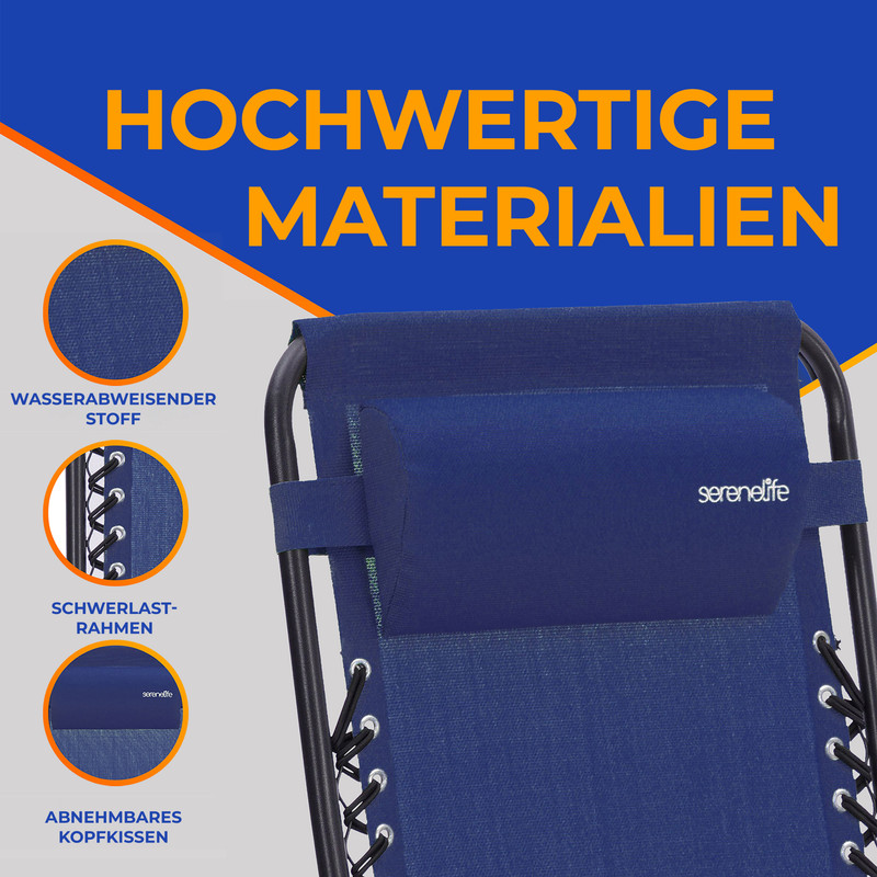 Blauer Liegestuhl mit Kopfkissen und Text über hochwertige Materialien.