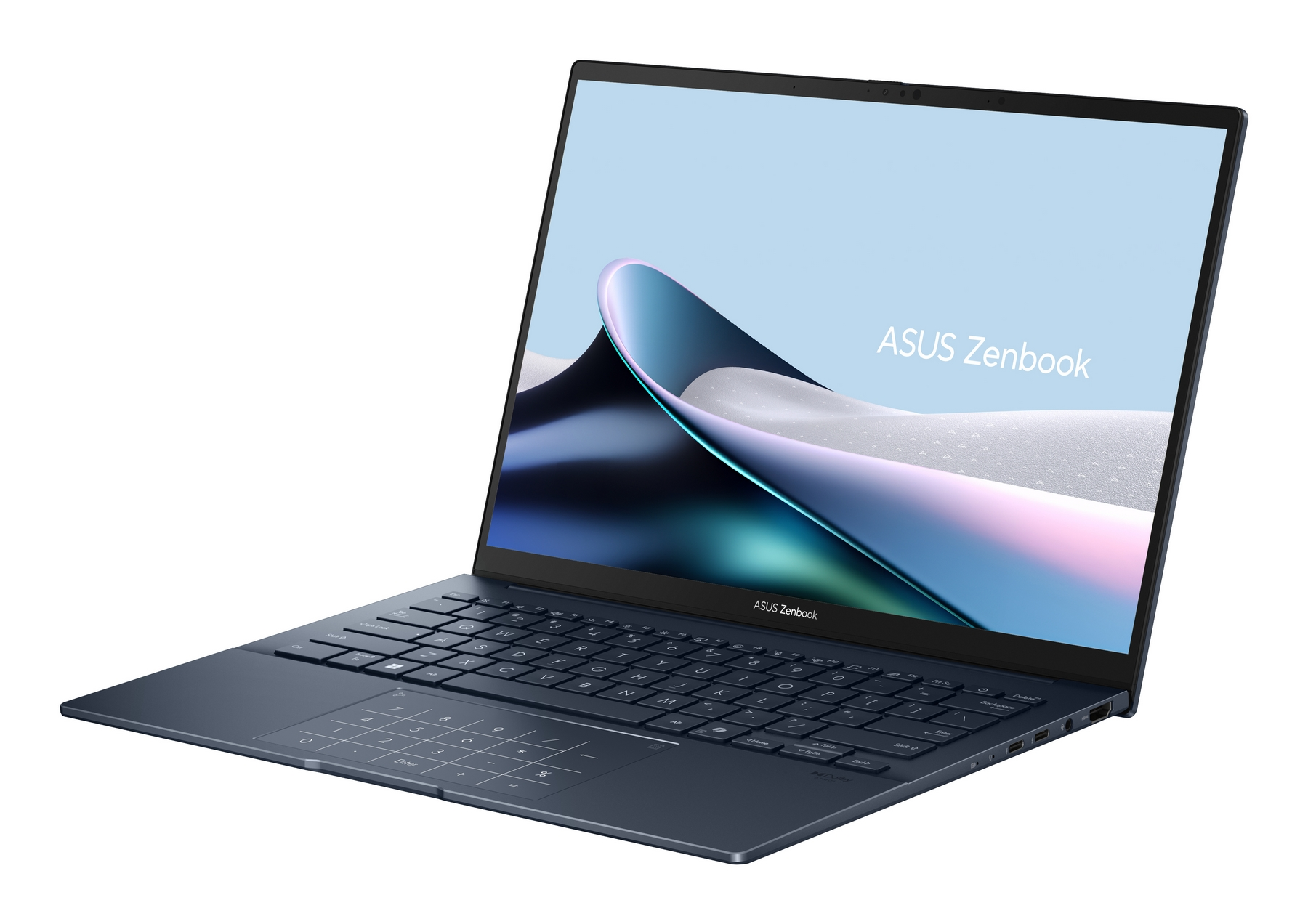 Un laptop ASUS Zenbook blu scuro, angolato su uno sfondo bianco, che mostra uno sfondo astratto blu e bianco.