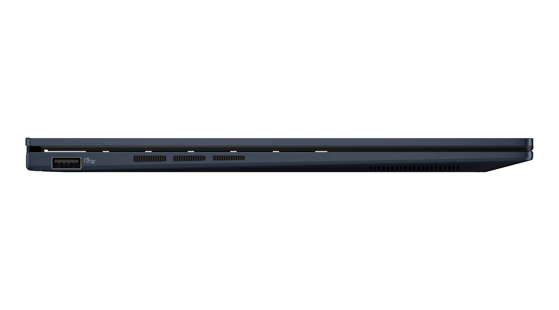 Un laptop blu navy, visto dal lato destro, che mostra una porta USB-A con etichetta "5 Gbps" e griglie di ventilazione.