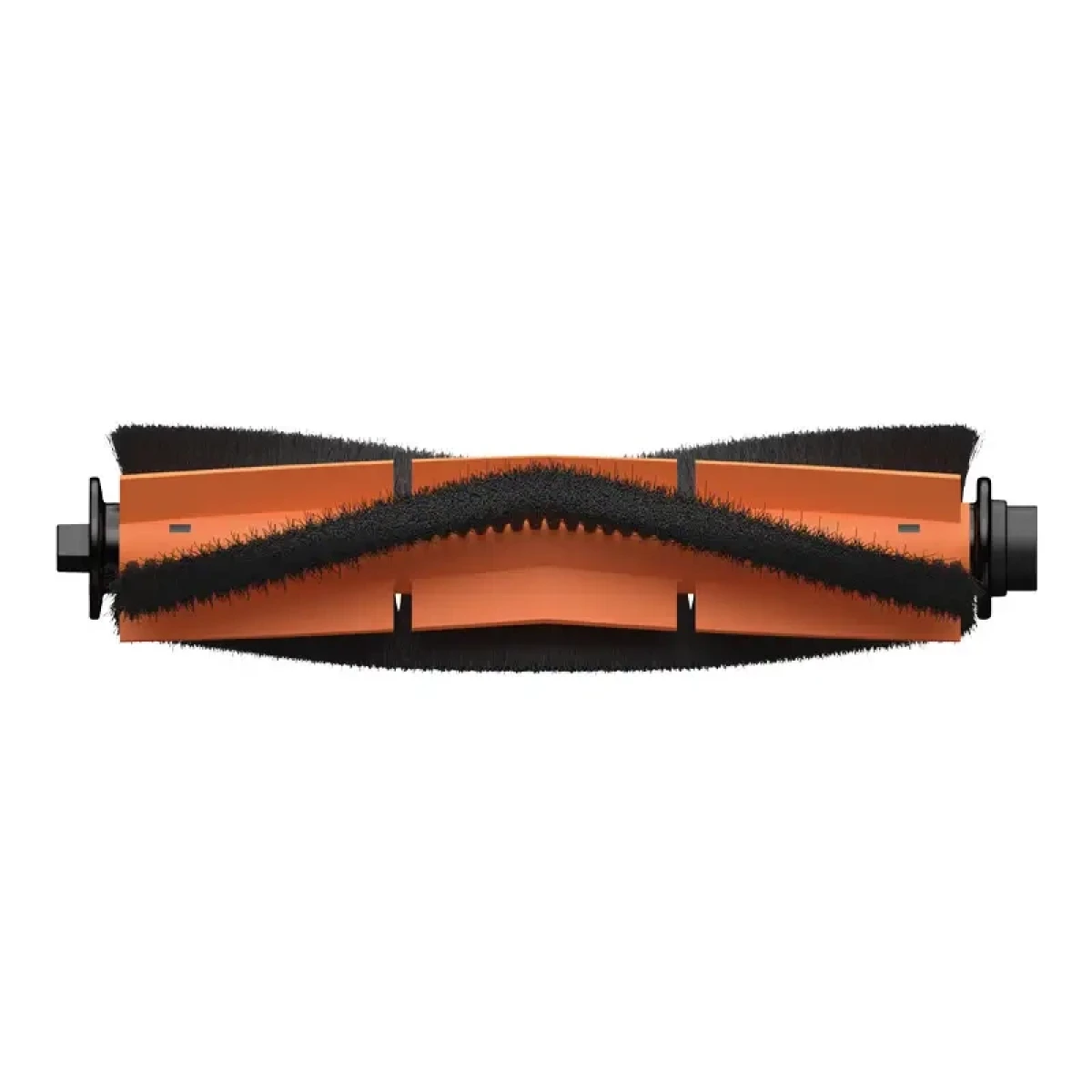Eine schwarz-orangefarbene Bürstenrolle für einen Roboterstaubsauger ist mittig vor einem weißen Hintergrund platziert.