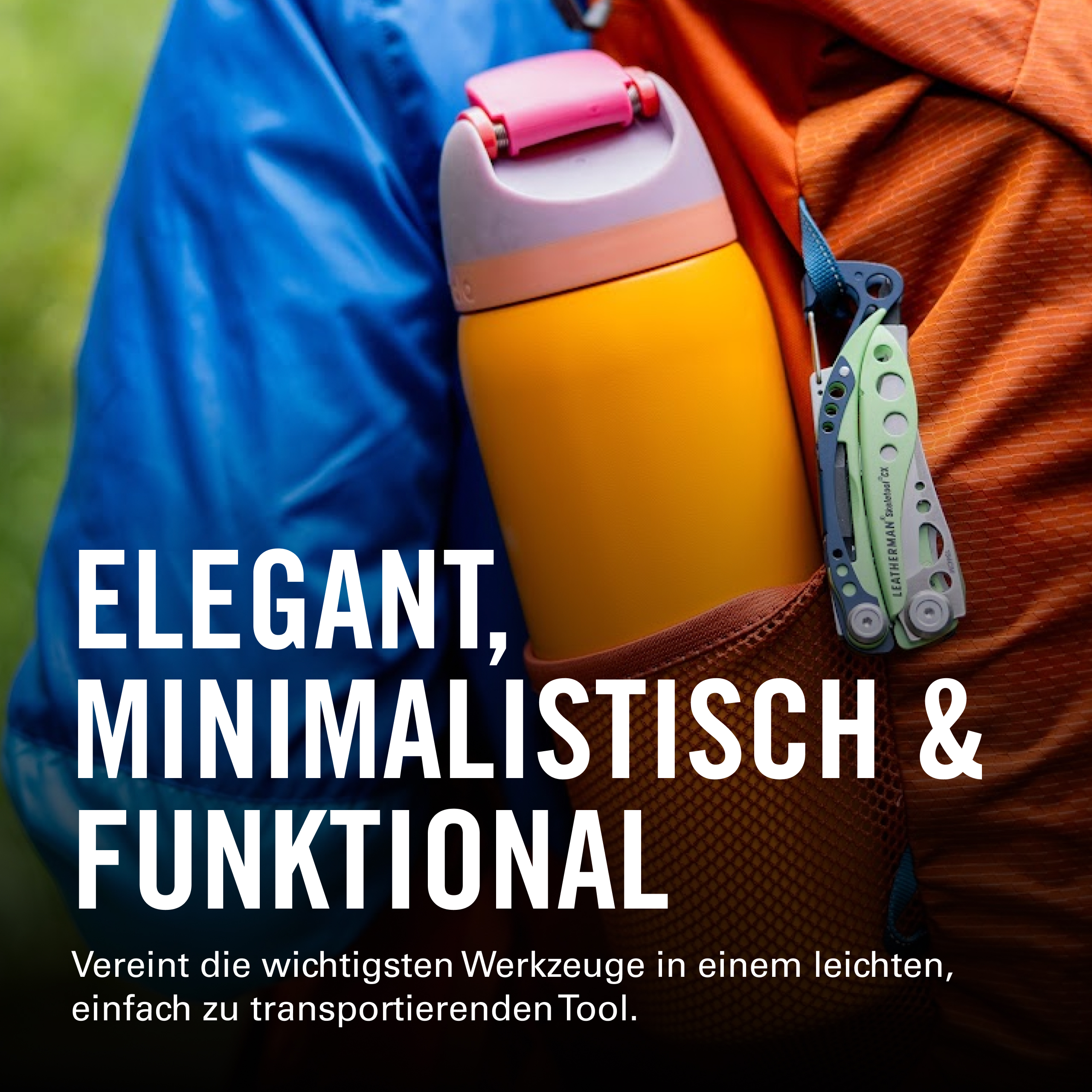 Ein gelber Trinkbecher und ein Multitool stecken in einer orangefarbenen Tasche.