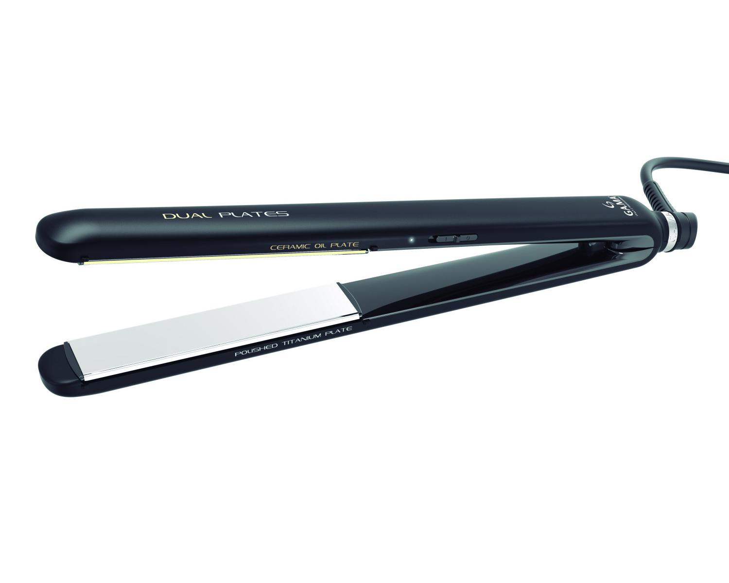 Piastra per capelli nera con piastre in titanio lucido e piastre in olio ceramico.