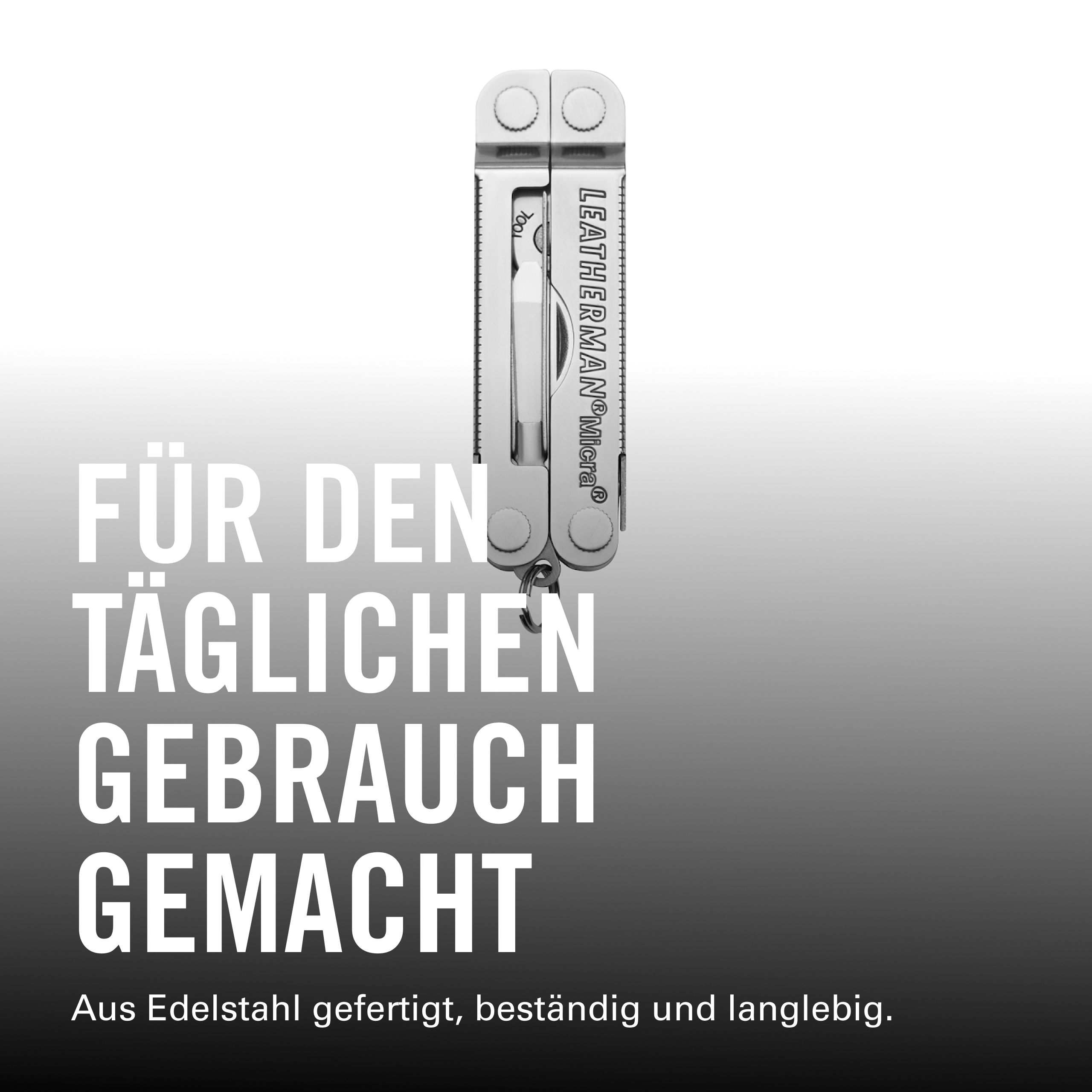 Ein Leatherman Micra Multitool aus Edelstahl, für den täglichen Gebrauch.