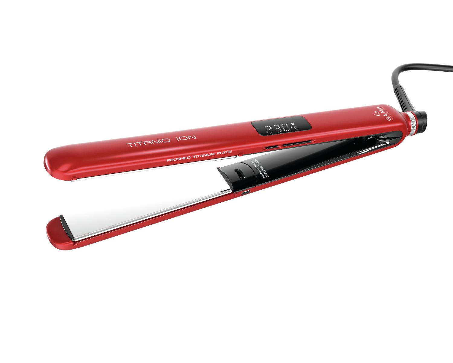 Arricciacapelli rosso con display digitale e cavo nero.