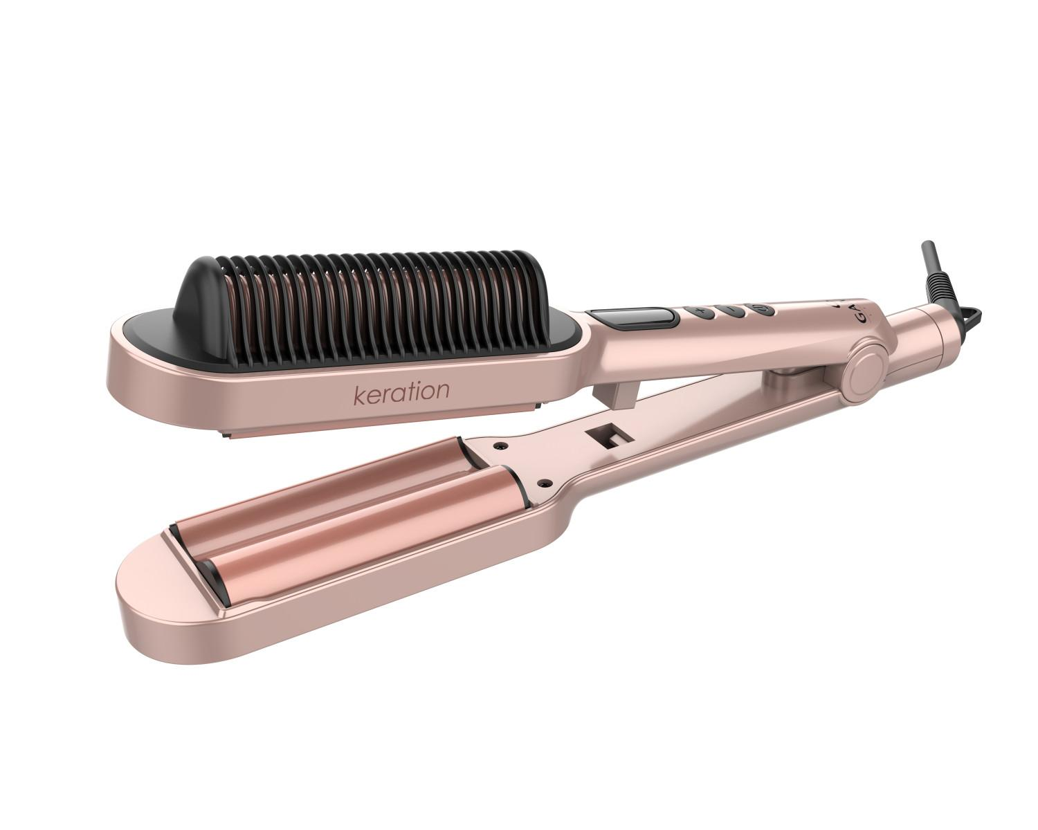 Una piastra per capelli color oro rosa con pettine e piastre ondulate.