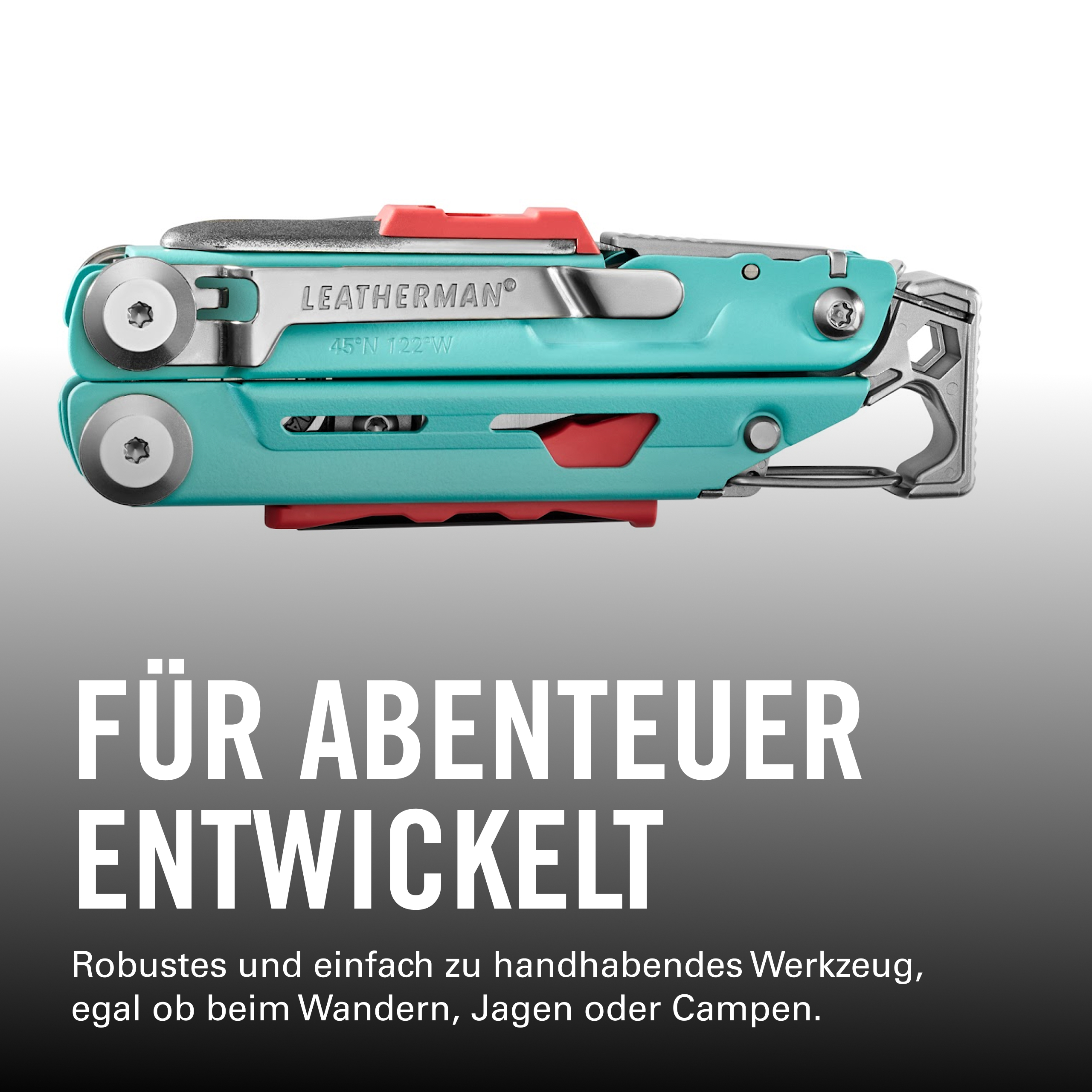 Ein türkisfarbenes Leatherman Multitool mit roten Akzenten.