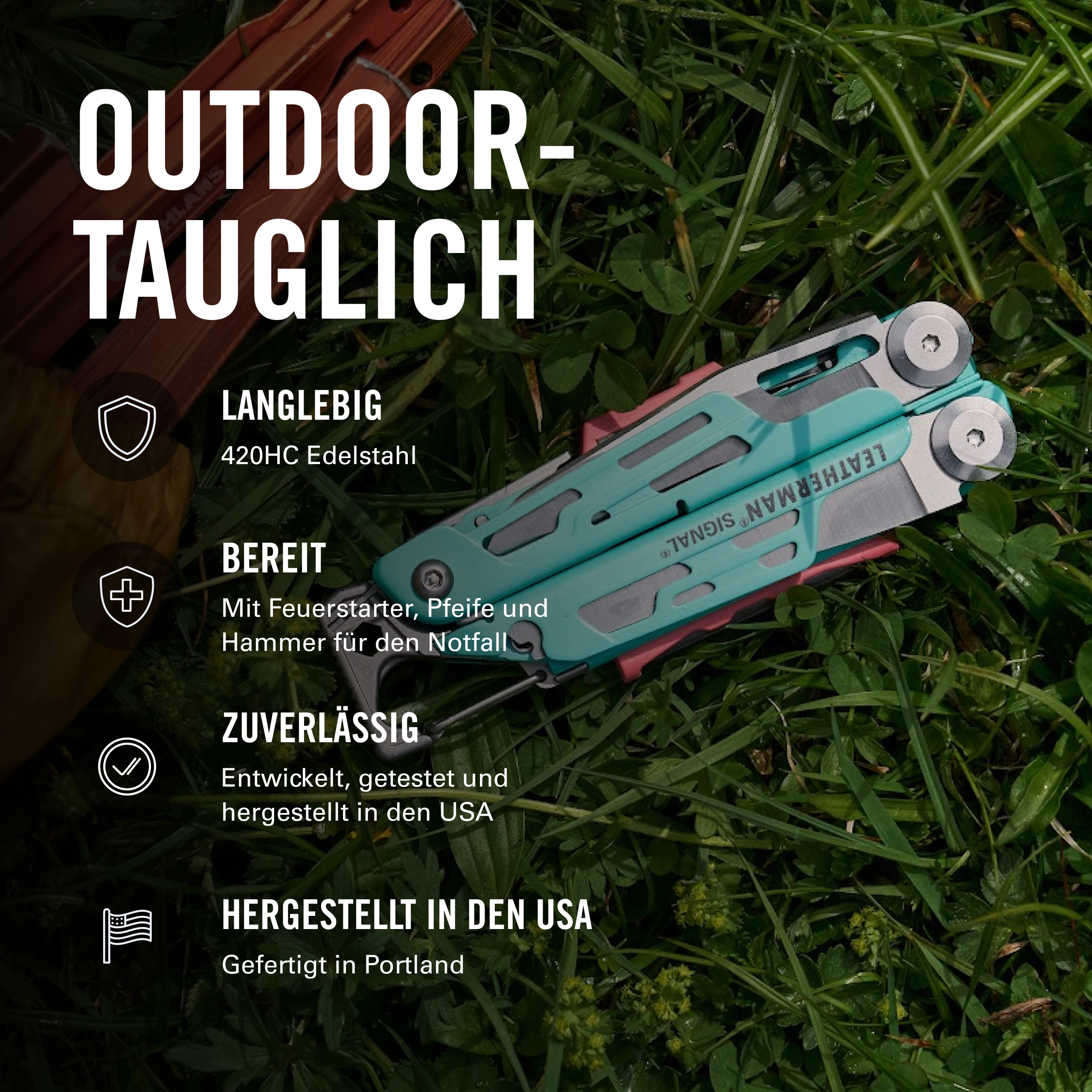 Ein Leatherman Signal Multitool in Türkis und Rosa liegt auf Gras. Text auf Deutsch.