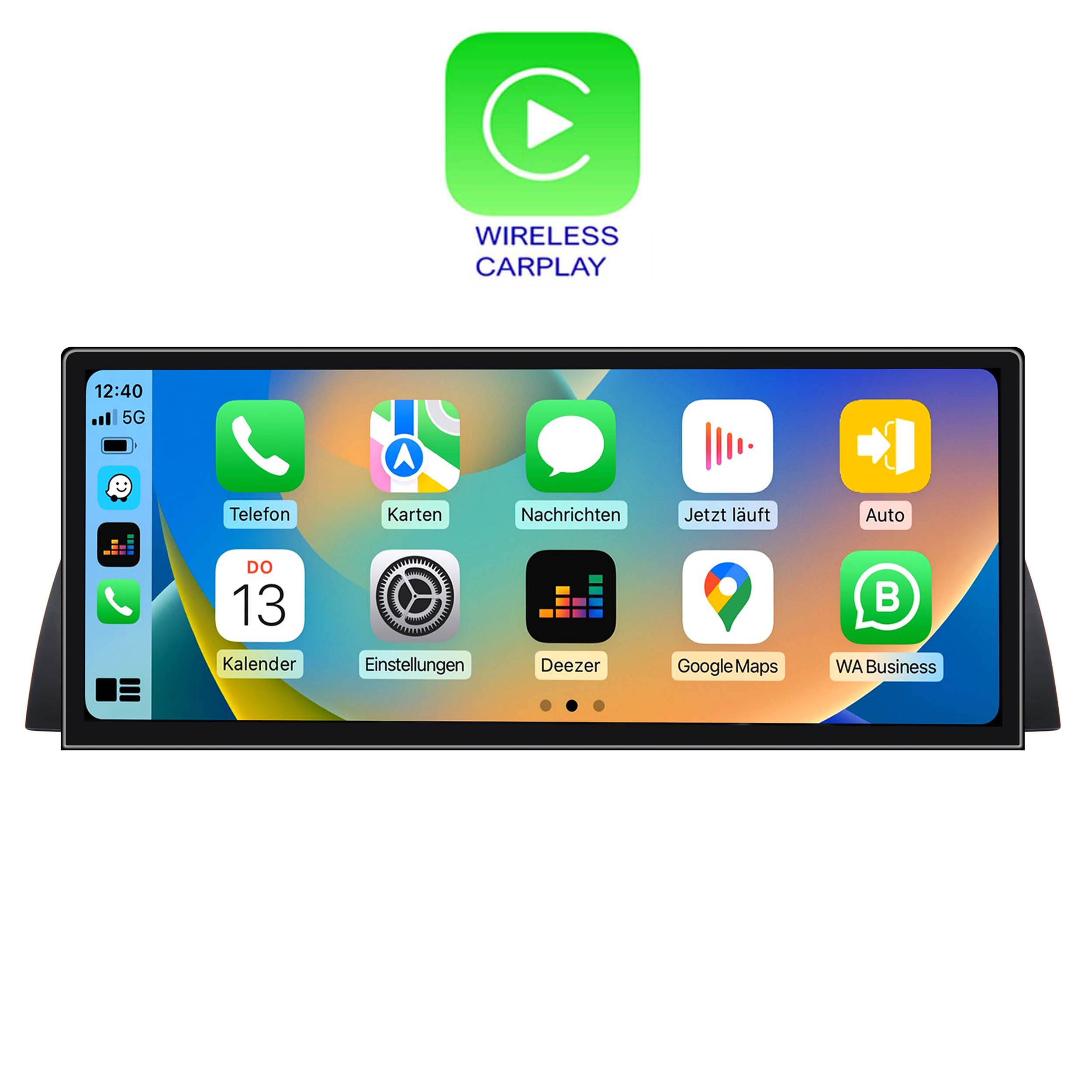 Ein Autoradio mit einem Bildschirm, der verschiedene App-Symbole wie Telefon, Karten, Nachrichten, Kalender, Einstellungen, Deezer und Google Maps anzeigt.
