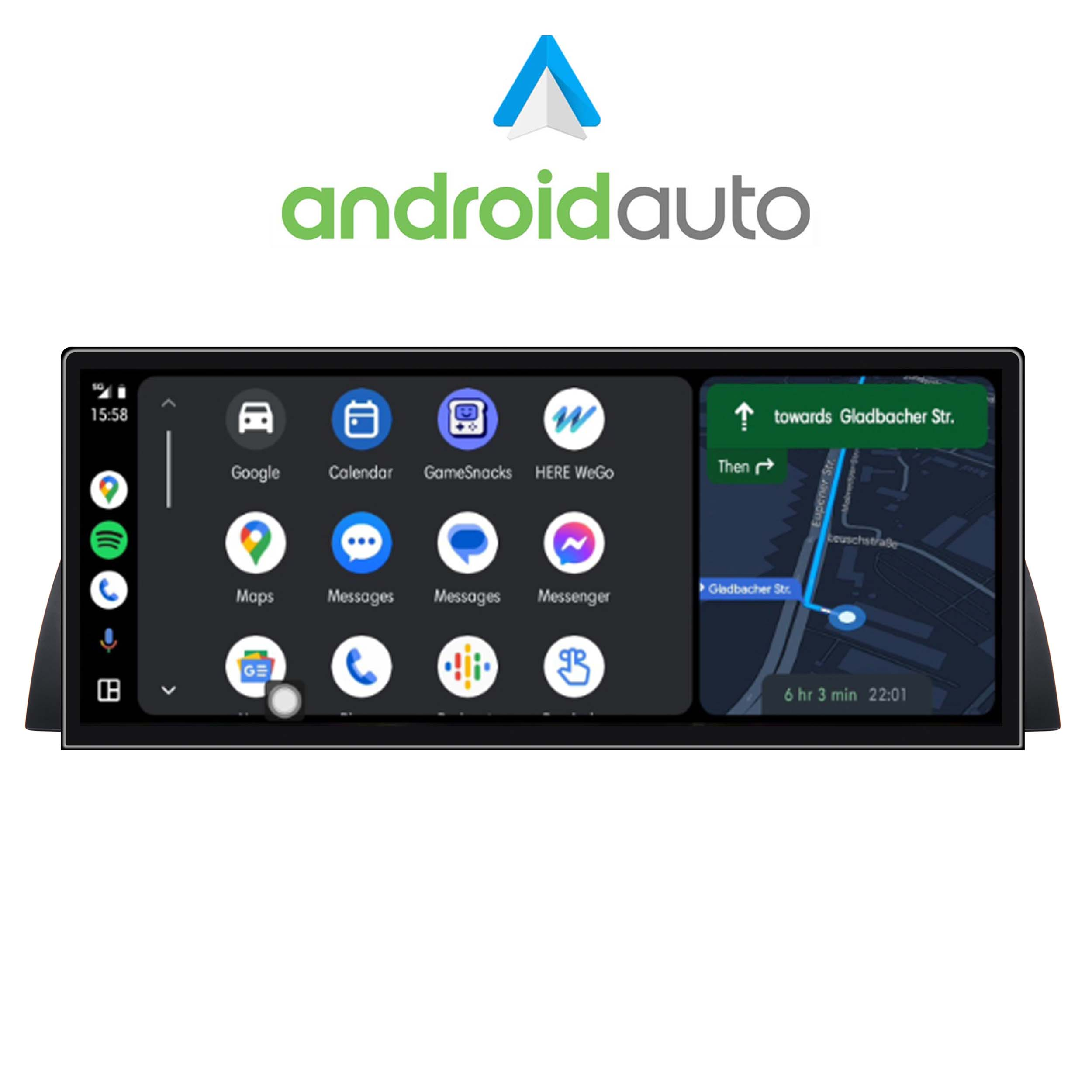 Ein Auto-Display zeigt Android Auto mit verschiedenen Apps und einer Navigationskarte. Das obere Banner zeigt "androidauto".