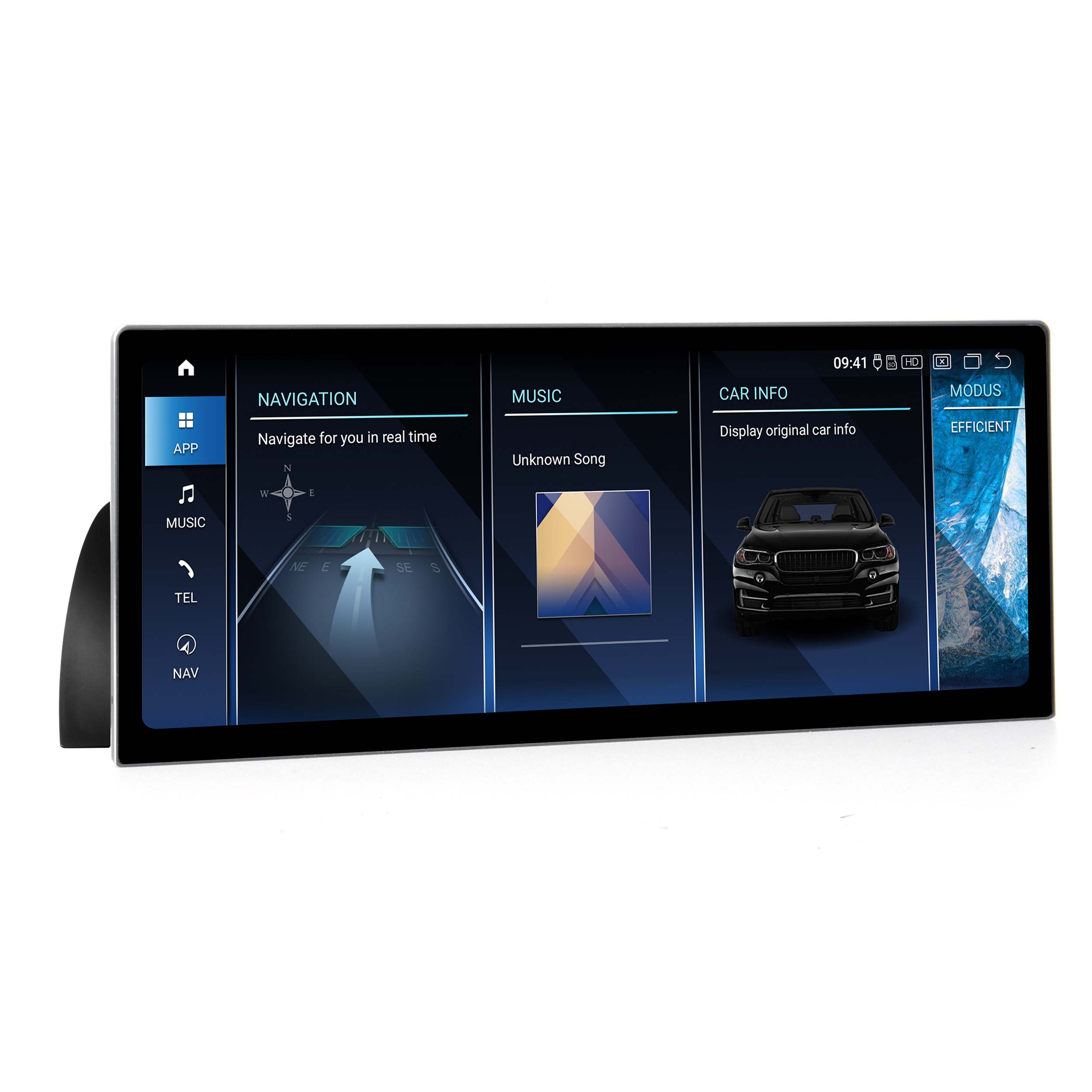Ein Auto-Infotainment-System zeigt Navigation, Musik und Fahrzeuginformationen.