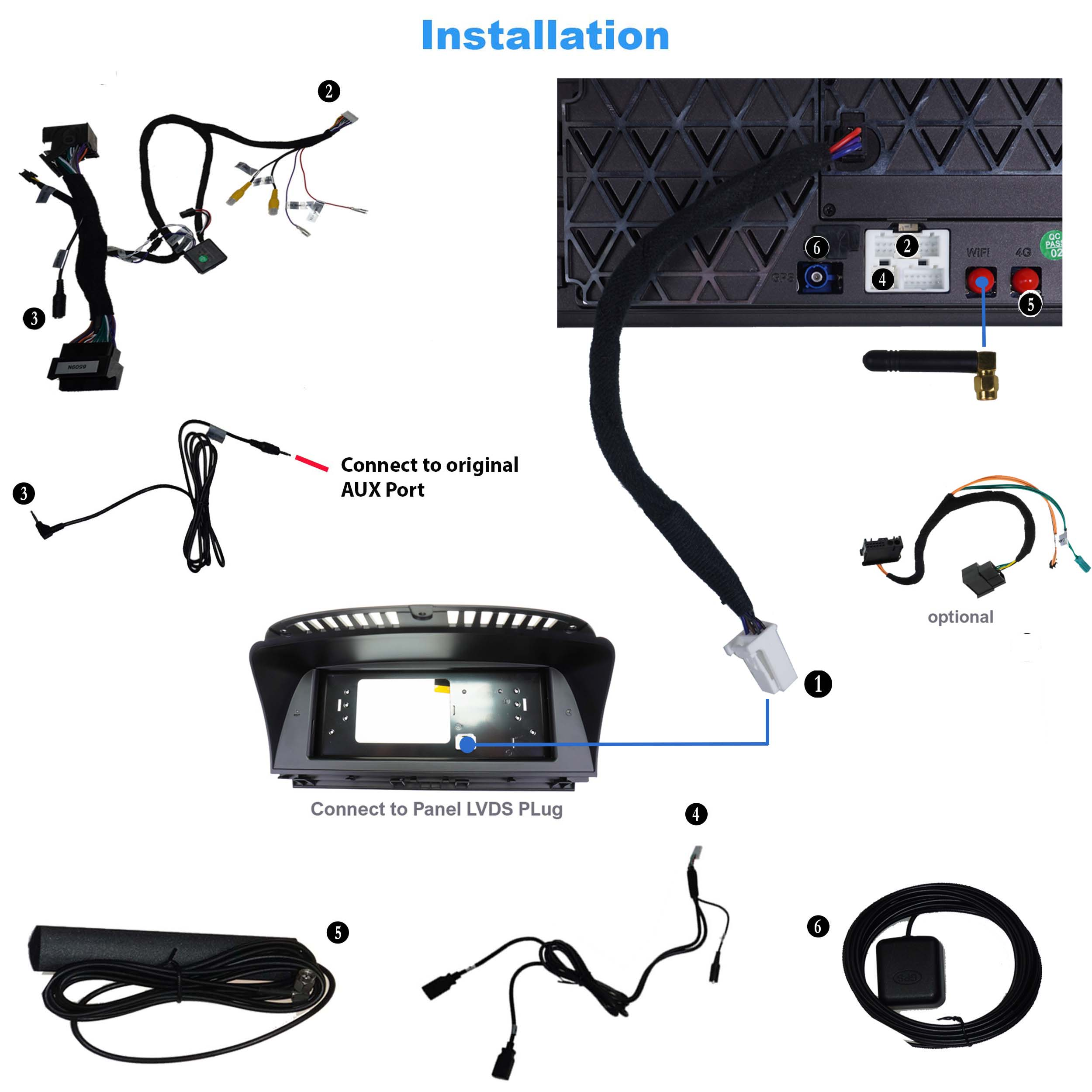 Diagramm zur Installation von Auto-Multimedia mit beschrifteten Kabeln, Anschlüssen und Geräten.