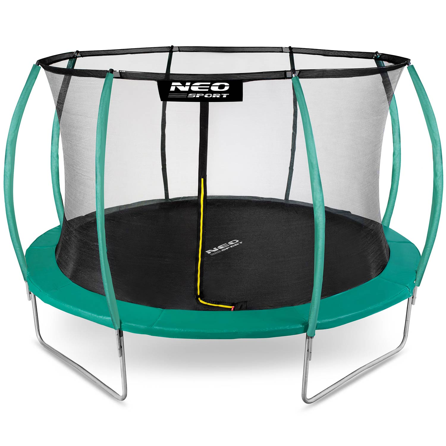Czarno-zielona trampolina z siatką zabezpieczającą, żółtym zamkiem błyskawicznym i logo 'NEO SPORT' na siatce.