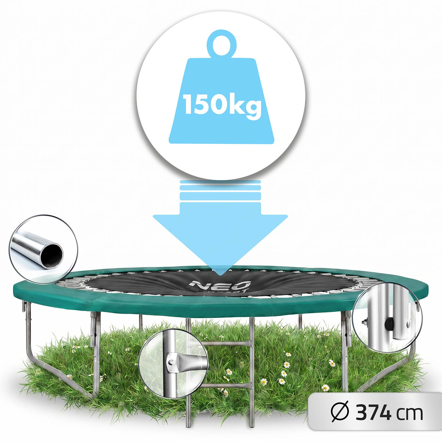 Zielona trampolina z czarną matą stoi na trawie. Niebieska ikona wskazuje limit wagi 150 kg i średnicę 374 cm.