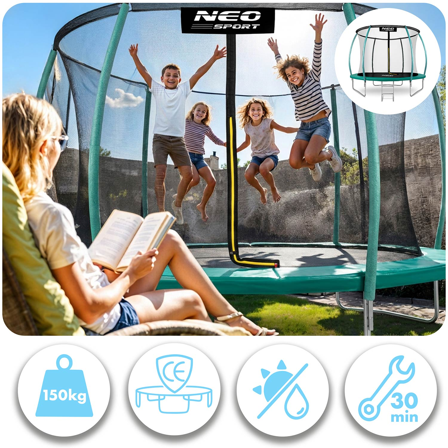 Dzieci skaczą na trampolinie, podczas gdy kobieta czyta w pobliżu.