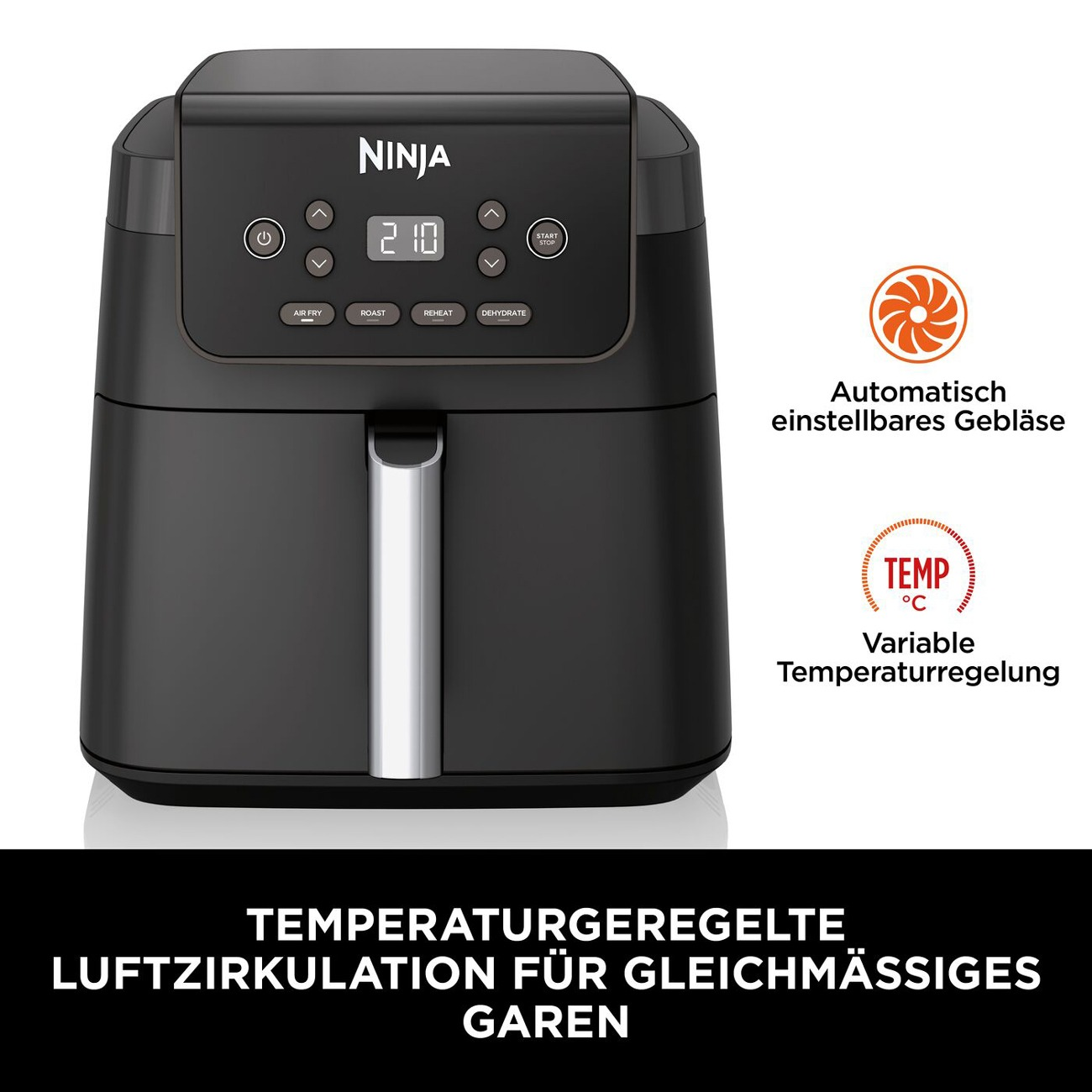 Schwarzer Ninja Heißluftfritteuse mit digitaler Anzeige von 210 Grad.