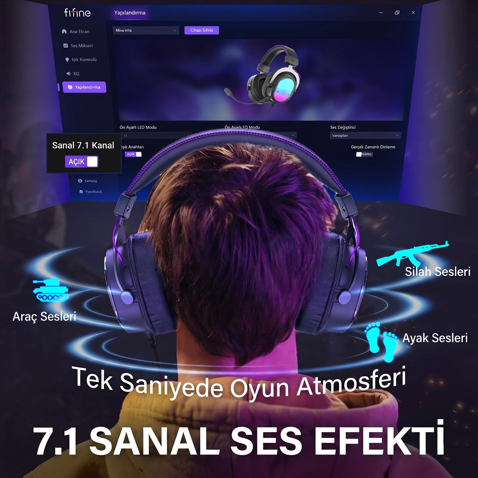 Mor kulaklık takan bir kişi, etrafında ses ayarları ve oyun ses efektleri gösteren dijital bir arayüz var.