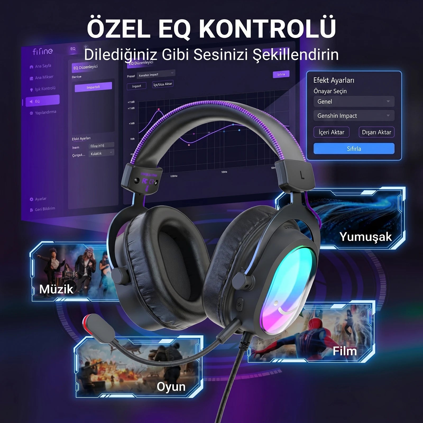 RGB ışıklı siyah kulaklık EQ yazılımı ve sahne ikonları ile gösteriliyor.