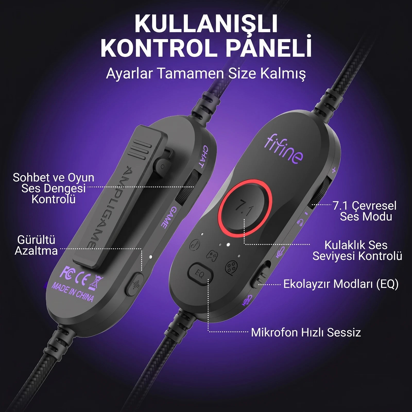 Mor arka plan üzerinde etiketler ve kontrolleri olan iki siyah ses kontrol cihazı.