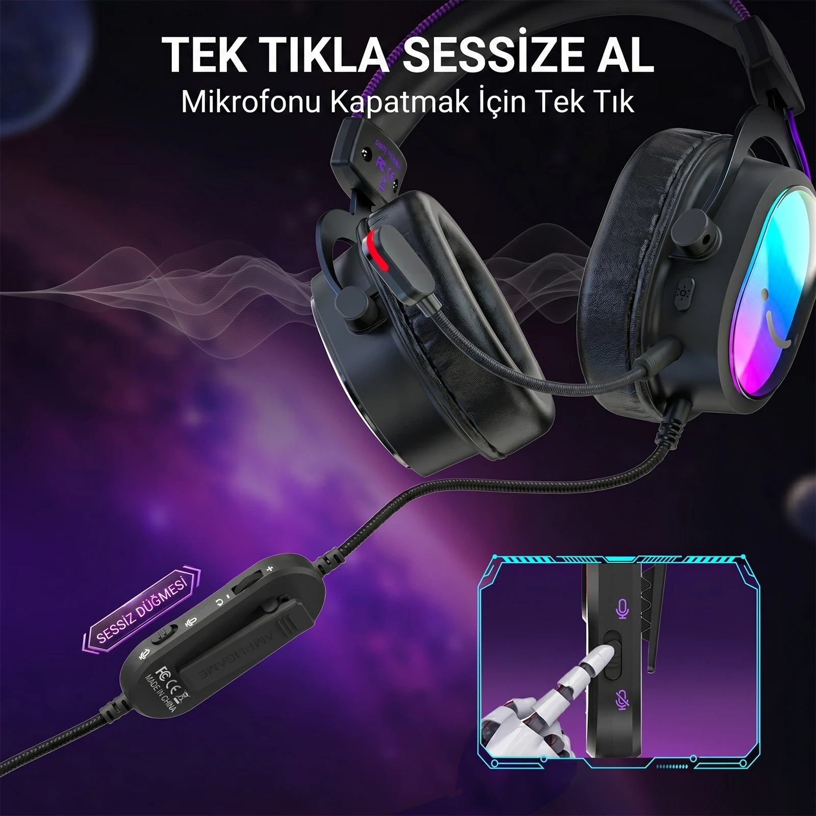 Mikrofonlu, ses ayarlı ve RGB aydınlatmalı siyah oyuncu kulaklığı.